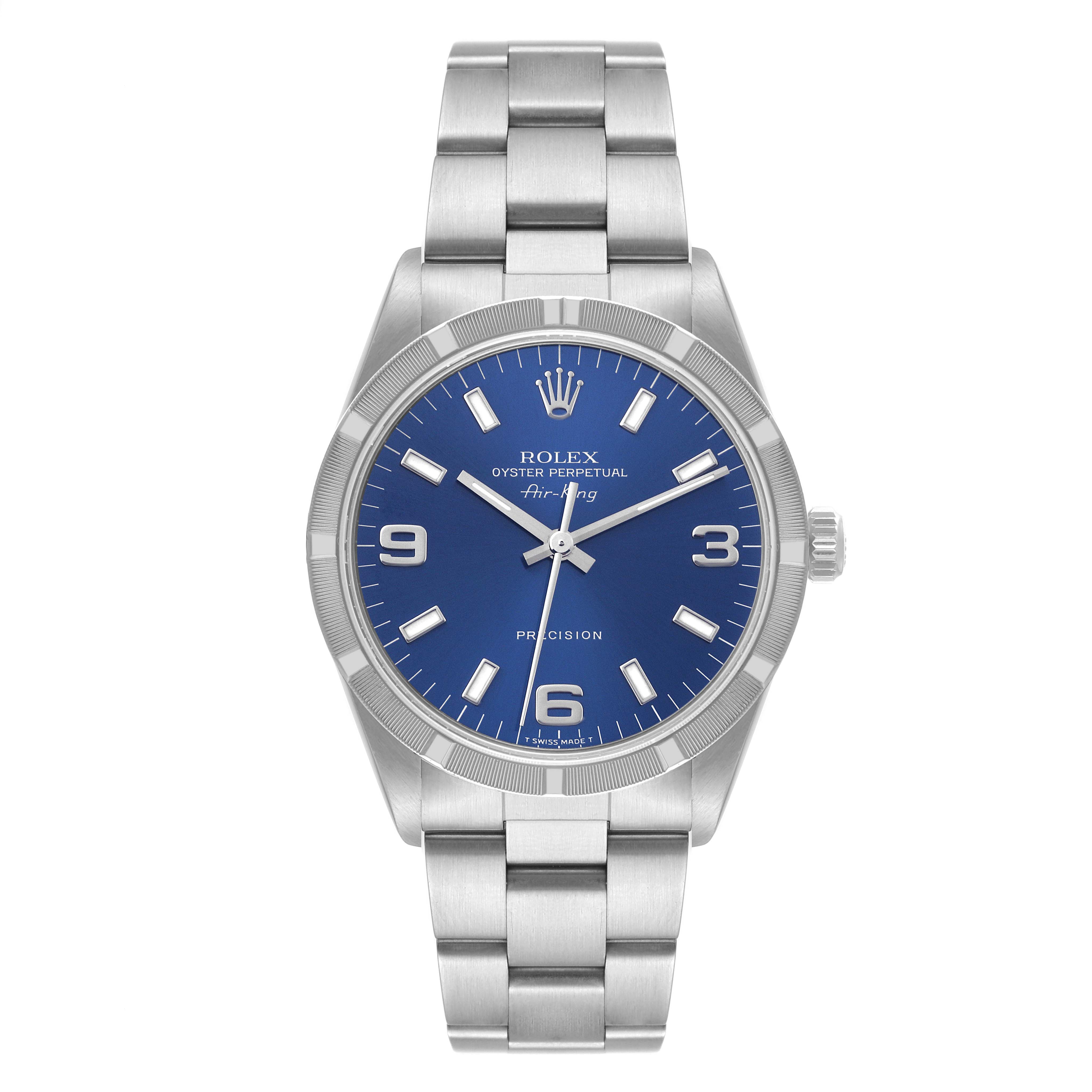 The image shows a front view of a Rolex Air-King 14010 Men's Stainless Steel Blue Dial 14010 Men's Stainless Steel Blue Dial watch, displaying its face, bezel, and bracelet.