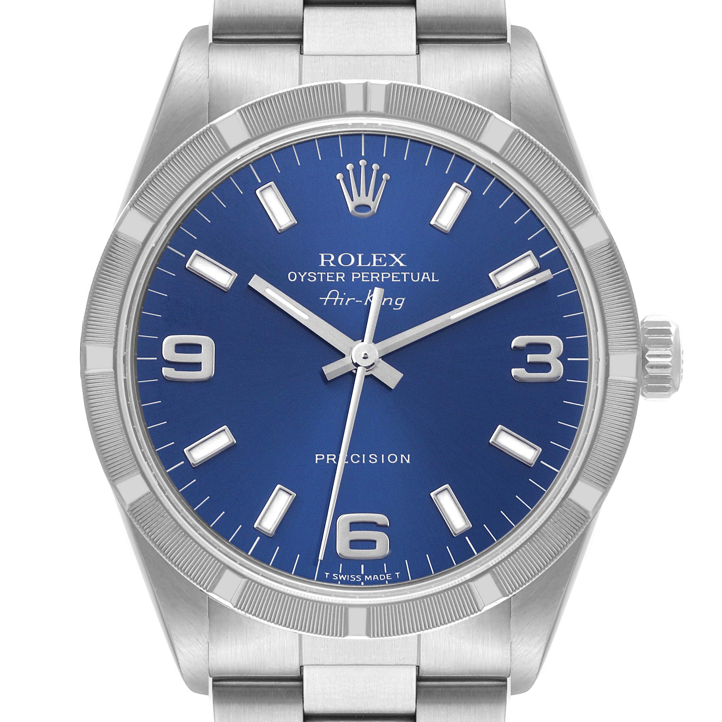 This image shows a frontal view of the Rolex Air-King 14010 Men's Stainless Steel Blue Dial 14010 Men's Stainless Steel Blue Dial watch, highlighting its blue dial, stainless steel case, and bracelet with silver indices and hands.