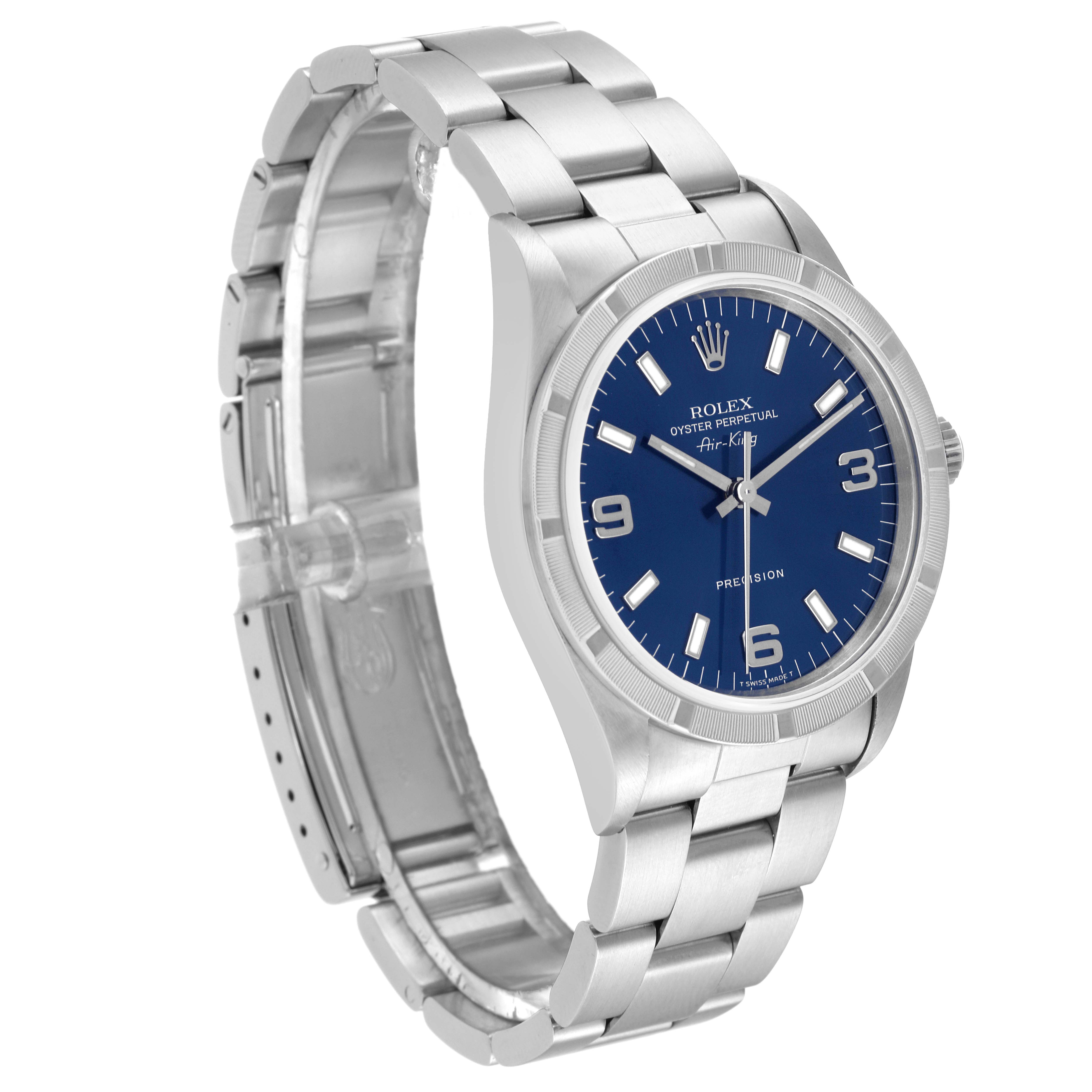 The Rolex Air-King 14010 Men's Stainless Steel Blue Dial 14010 Men's Stainless Steel Blue Dial watch is shown at a three-quarter angle, highlighting the face, bezel, and bracelet.