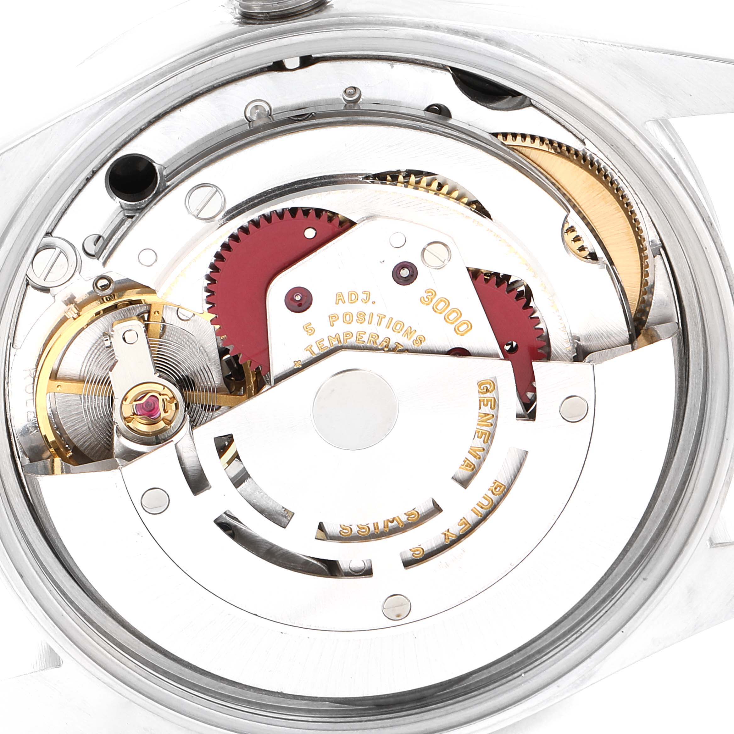 This close-up shows the intricate movement and inner mechanisms of the Rolex Air-King 14000 Men's Stainless Steel Black Dial 14000 Men's Stainless Steel Black Dial watch.