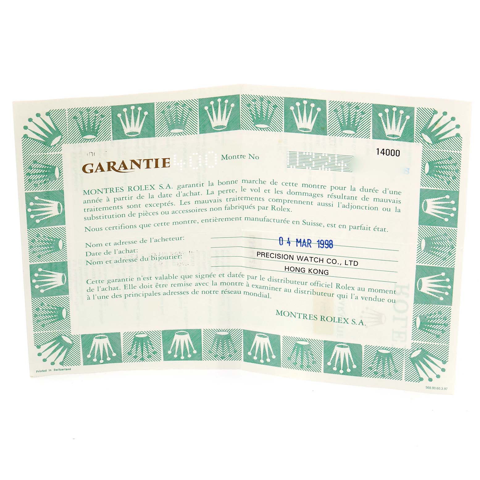 This is the warranty certificate for a Rolex Air-King 14000 Men's Stainless Steel Black Dial 14000 Men's Stainless Steel Black Dial watch, dated 04 MAR 1998.