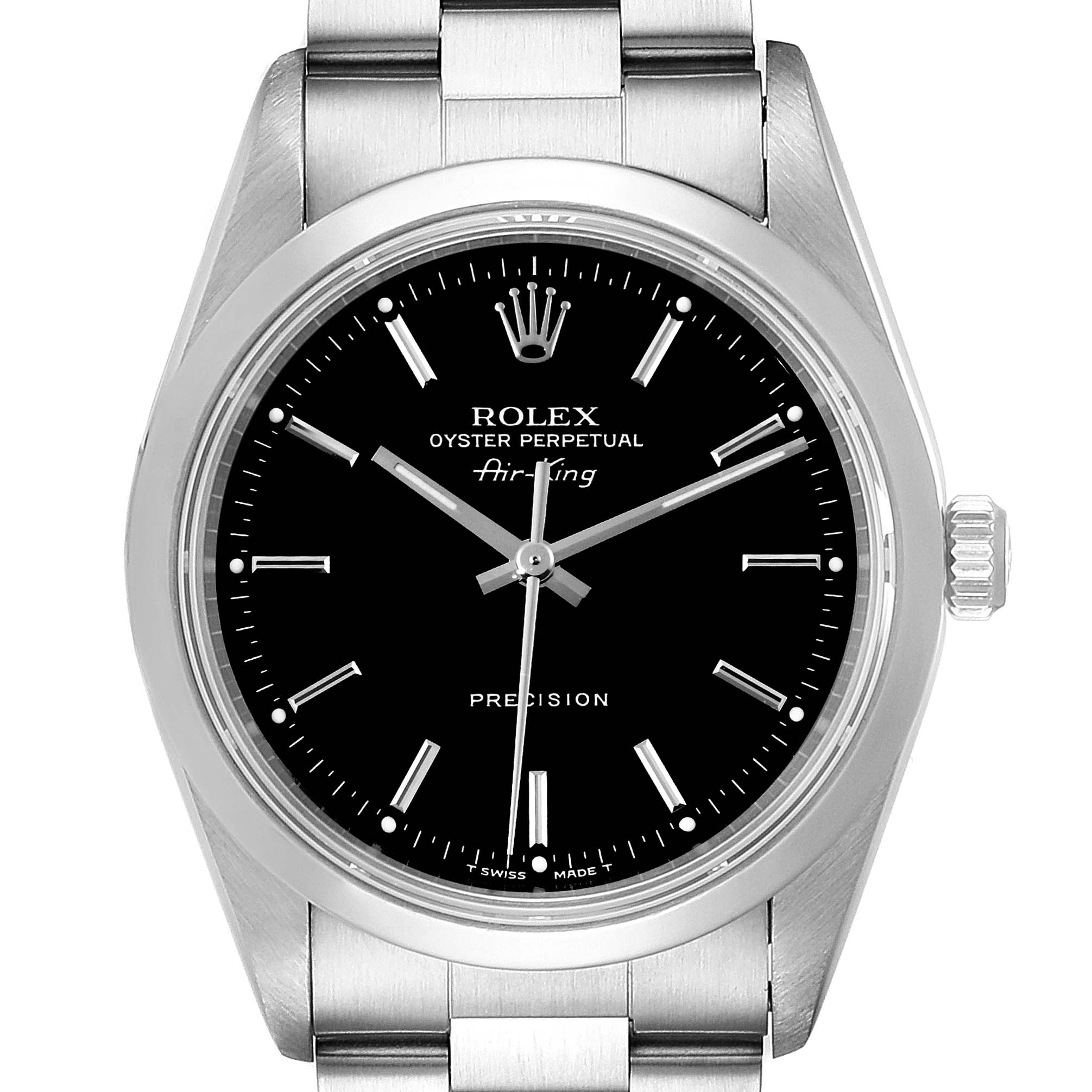 The image shows a front view of a Rolex Air-King 14000 Men's Stainless Steel Black Dial 14000 Men's Stainless Steel Black Dial watch, displaying the dial, hands, markers, and part of the bracelet.