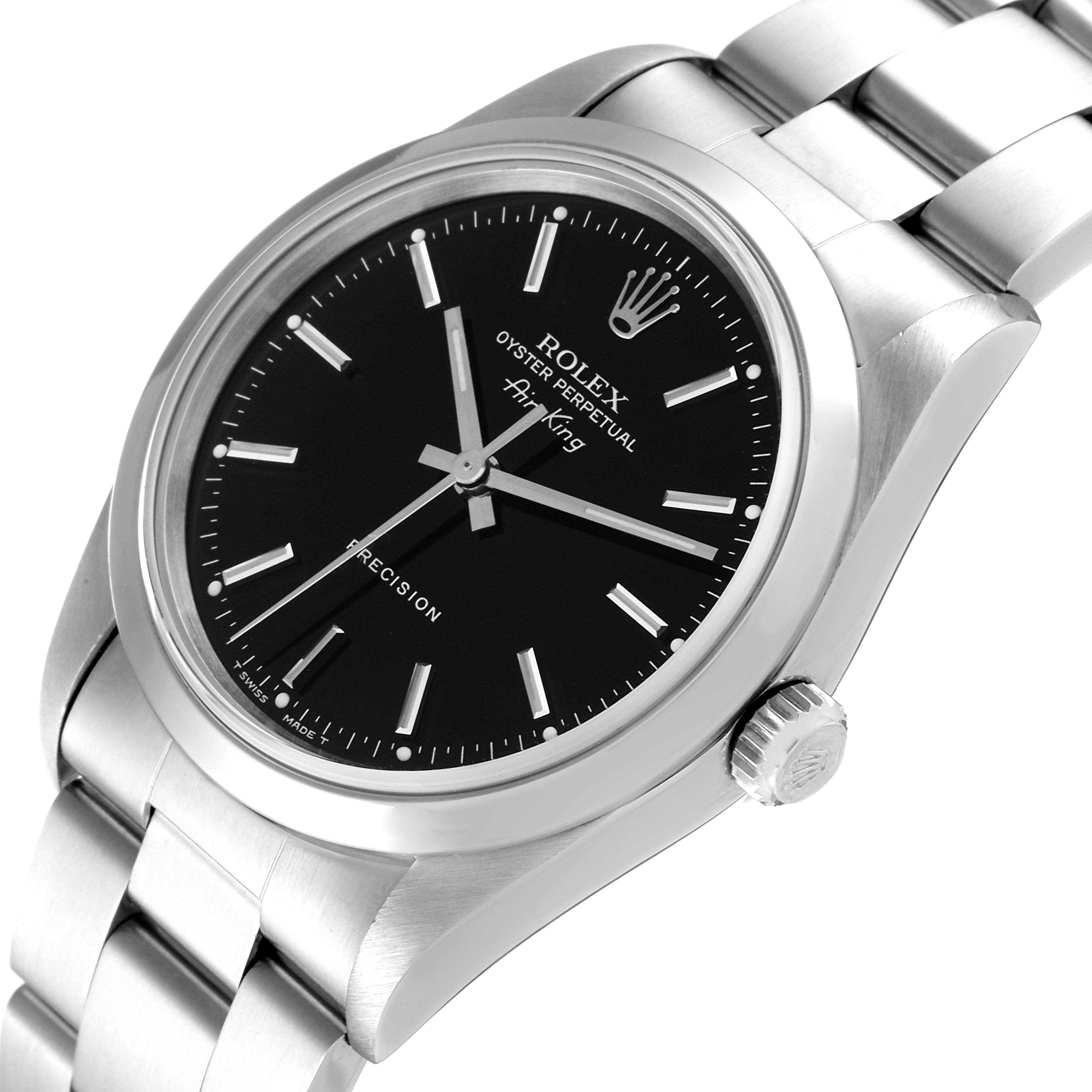 The image shows a Rolex Air-King 14000 Men's Stainless Steel Black Dial 14000 Men's Stainless Steel Black Dial watch at a slight angle, highlighting the face, crown, and part of the bracelet.