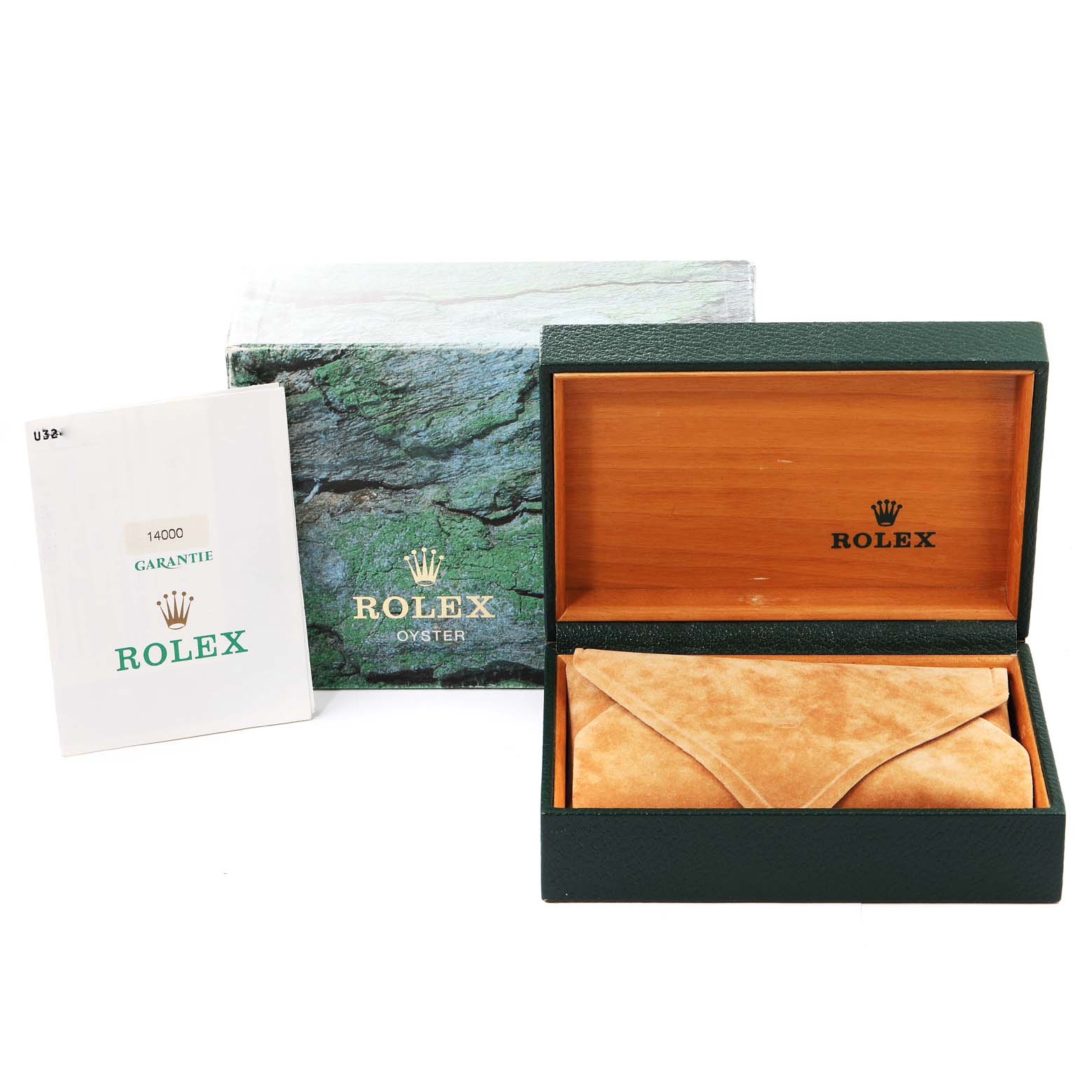 The image shows a Rolex Air-King 14000 Men's Stainless Steel Black Dial 14000 Men's Stainless Steel Black Dial box with a guarantee card and outer packaging at a front angle.