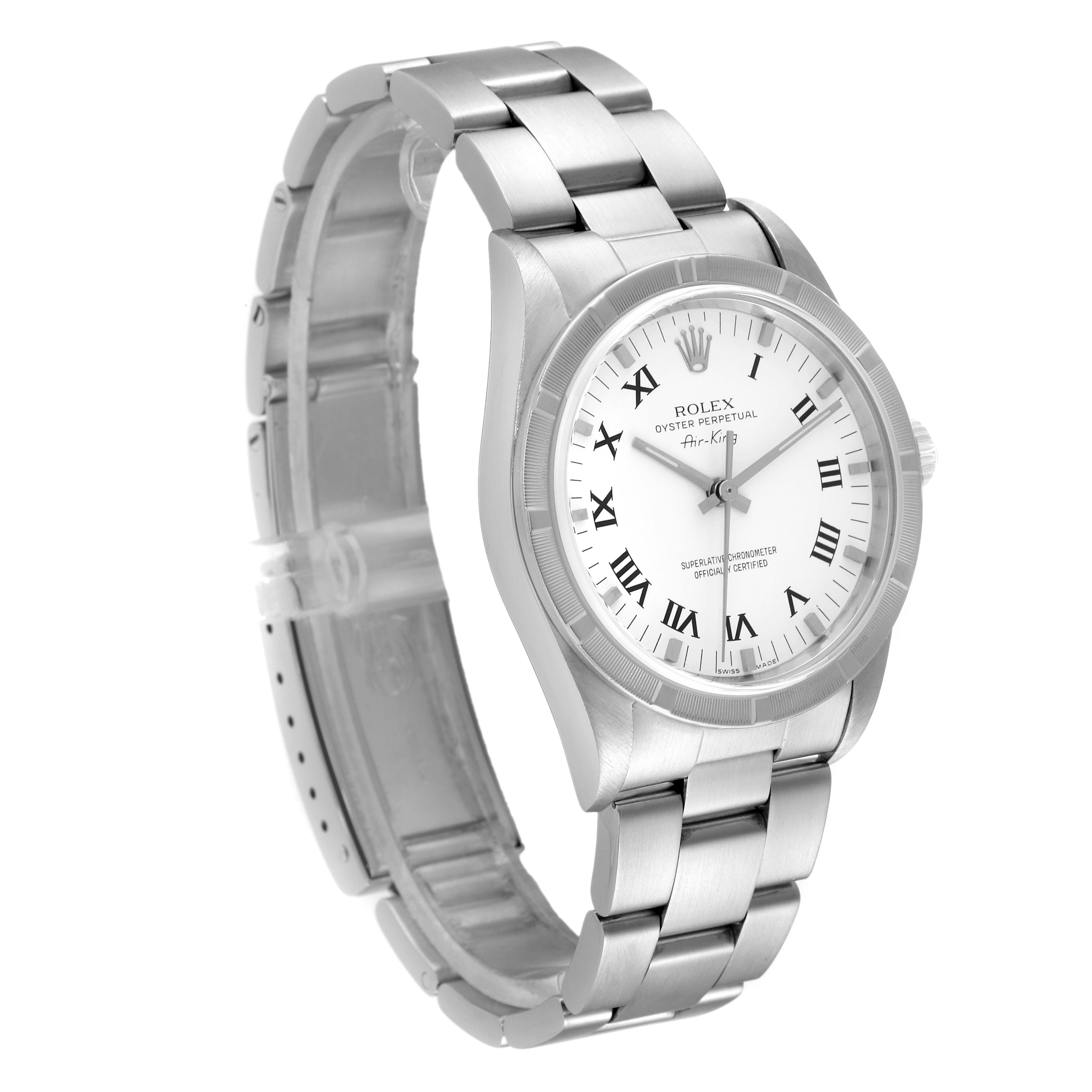 The image shows a side and front view of the Rolex Air-King 14010 Men's Stainless Steel White Dial 14010 Men's Stainless Steel White Dial watch, highlighting the face, bezel, and metal bracelet.