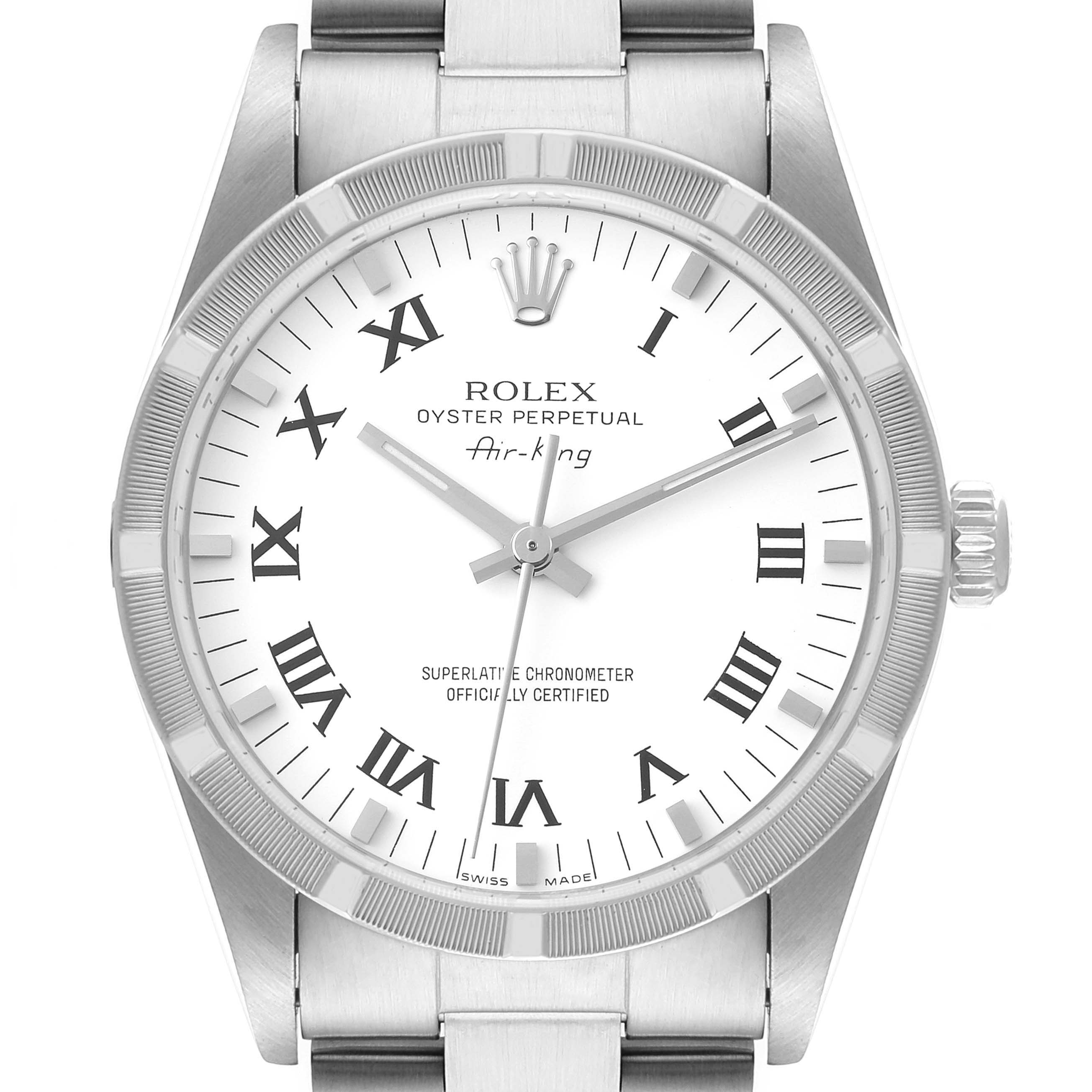 The image shows a front view of the Rolex Air-King 14010 Men's Stainless Steel White Dial 14010 Men's Stainless Steel White Dial watch, highlighting its face, bezel, crown, and part of its bracelet.