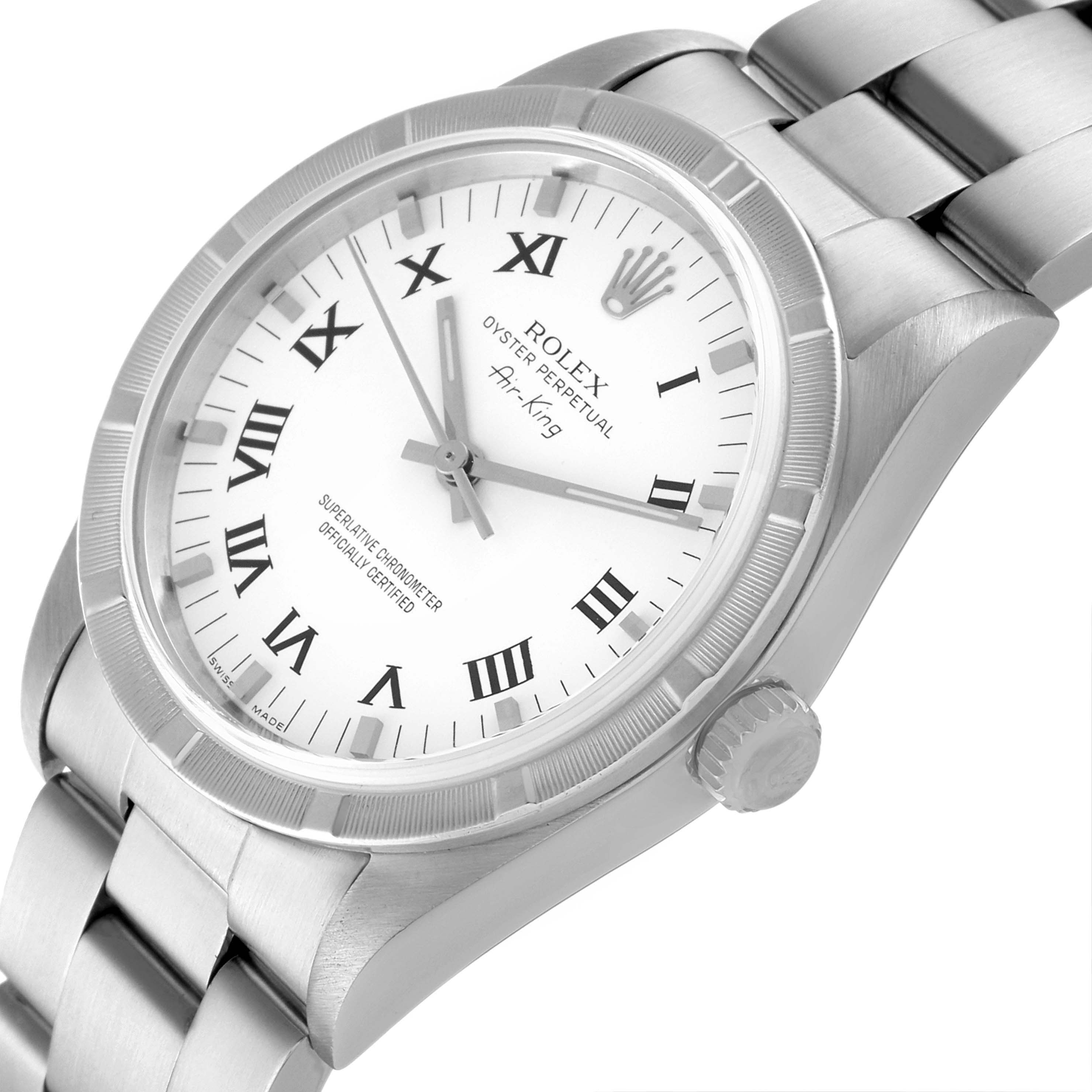 The image shows a Rolex Air-King 14010 Men's Stainless Steel White Dial 14010 Men's Stainless Steel White Dial watch at a slight angle, highlighting its face, bracelet, and crown.