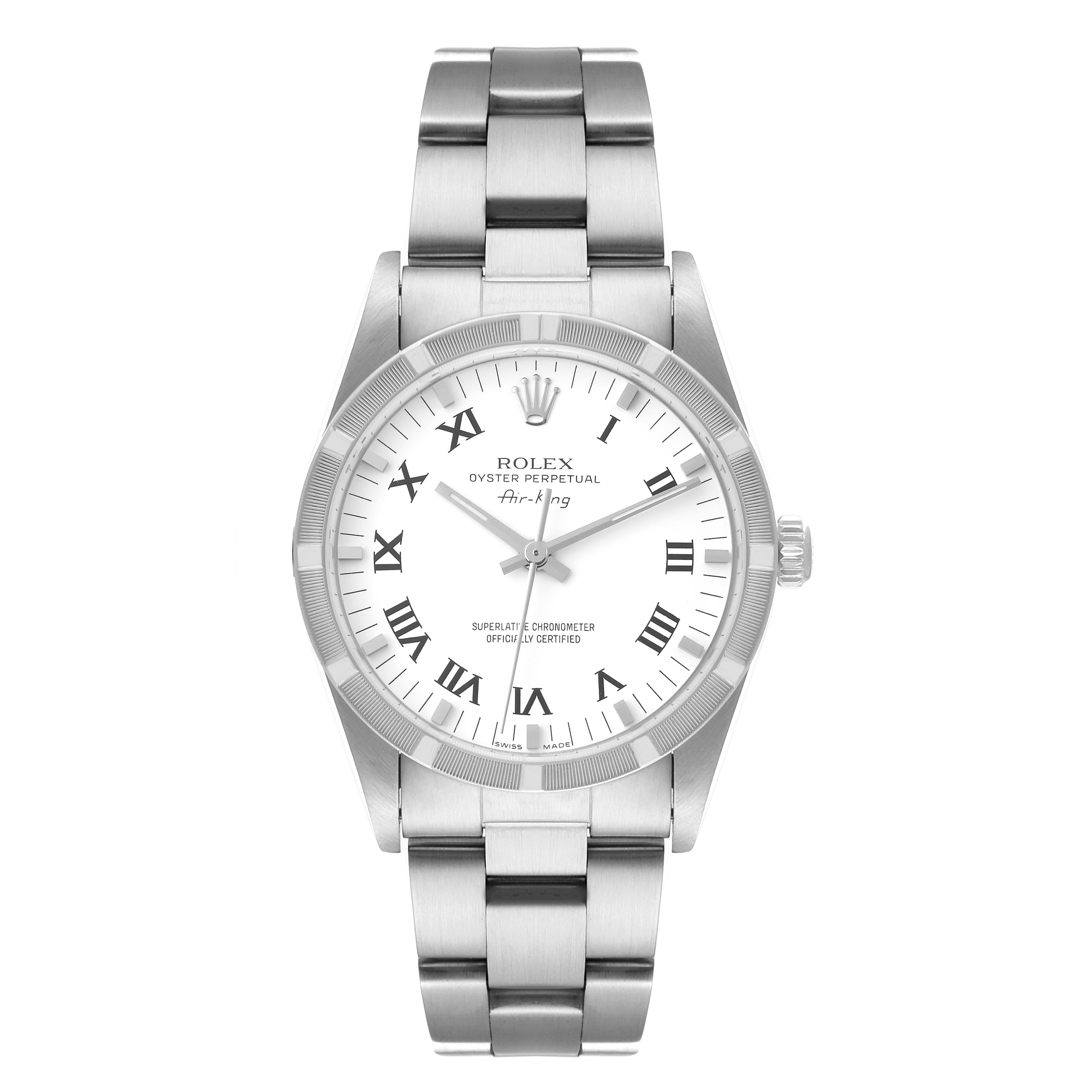 The image shows a front view of a Rolex Air-King 14010 Men's Stainless Steel White Dial 14010 Men's Stainless Steel White Dial watch, displaying the face, bezel, and bracelet.