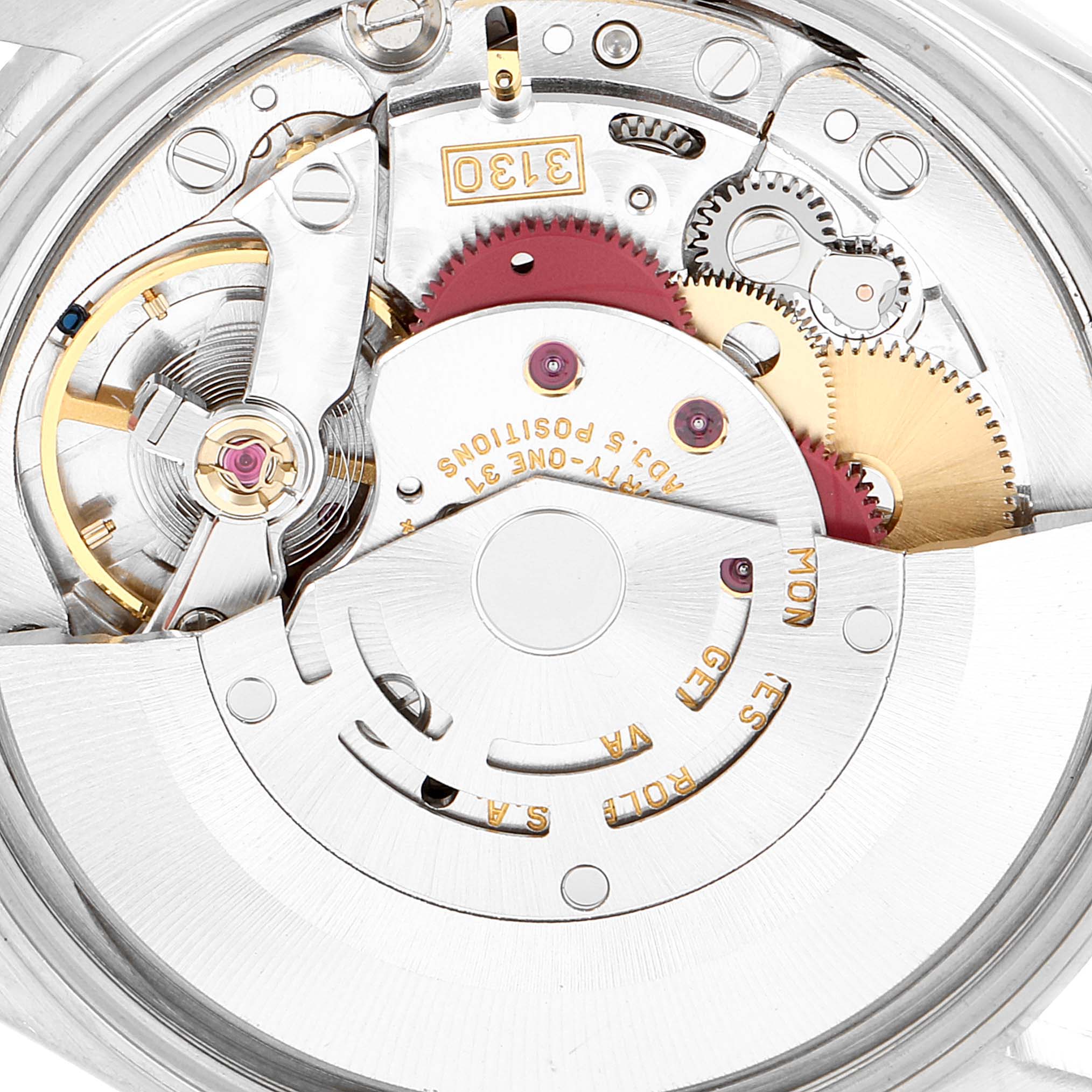 This is an image of the movement mechanism inside a Rolex Air-King 14010 Men's Stainless Steel White Dial 14010 Men's Stainless Steel White Dial watch, shown from a top-down angle.