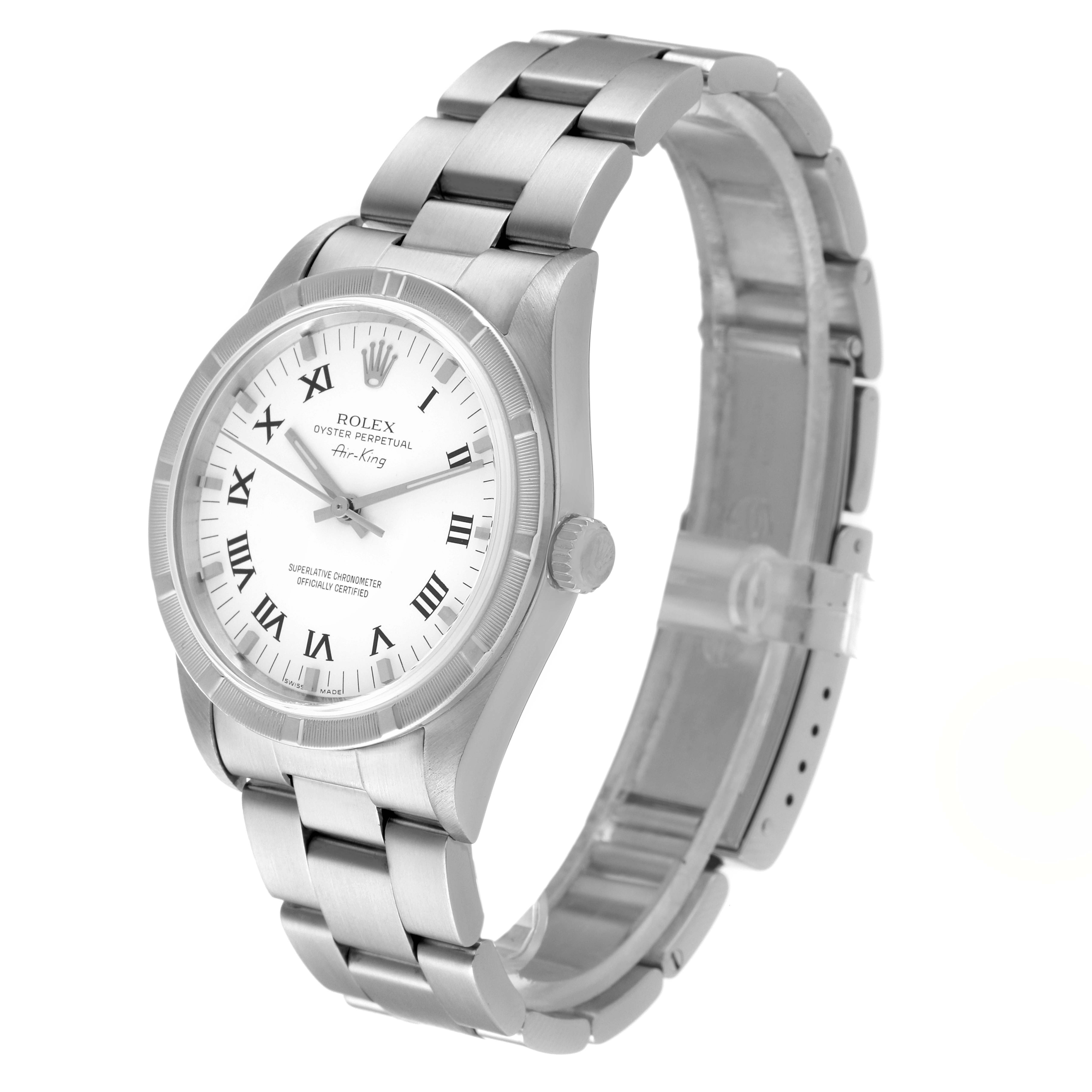 The image shows the Rolex Air-King 14010 Men's Stainless Steel White Dial 14010 Men's Stainless Steel White Dial watch at a three-quarter angle, highlighting the dial, bezel, crown, and bracelet.