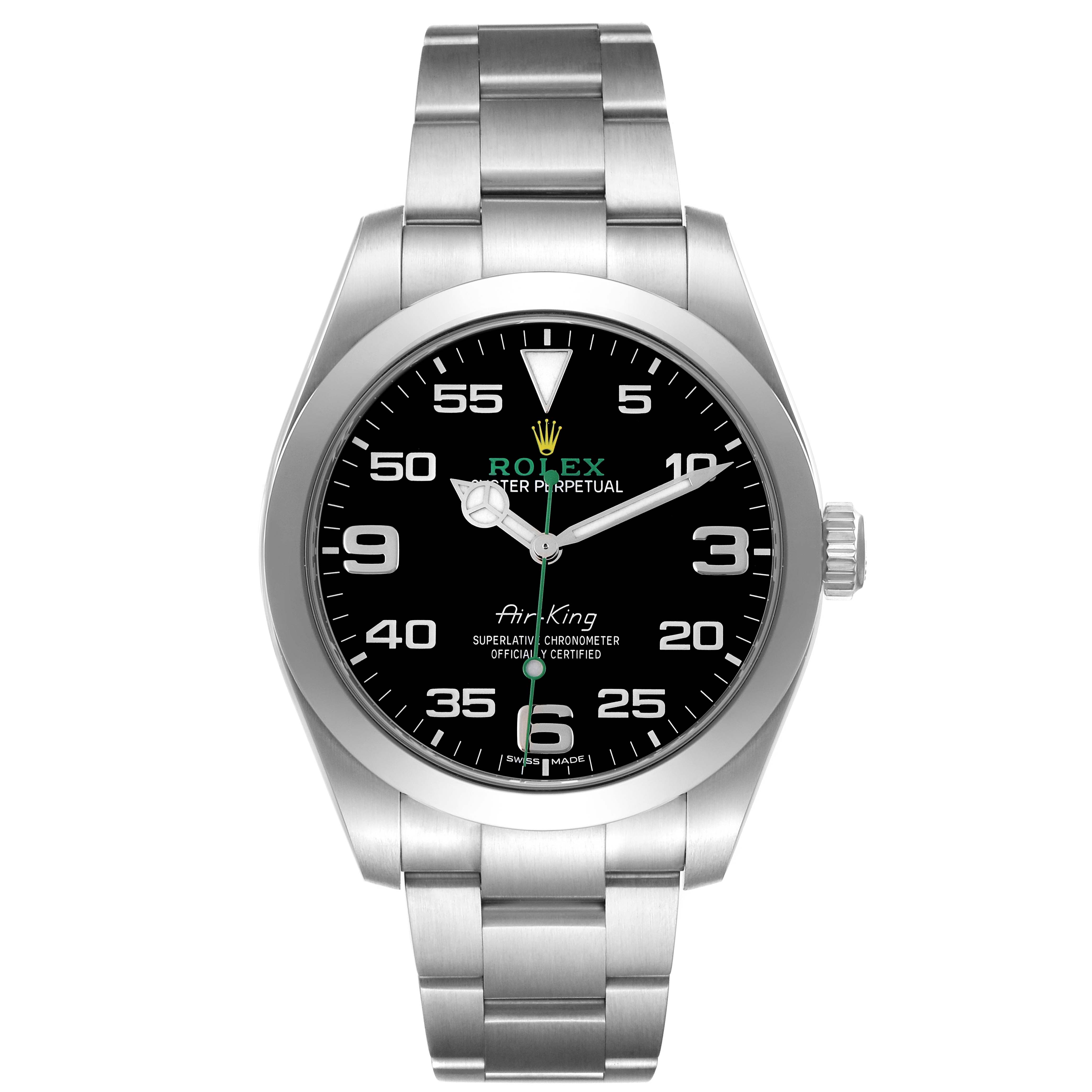 The Rolex Air-King 116900 Men
s Stainless Steel Black Dial 116900 Men
s Stainless Steel Black Dial watch is shown from the front, displaying the dial, hands, bezel, and bracelet.