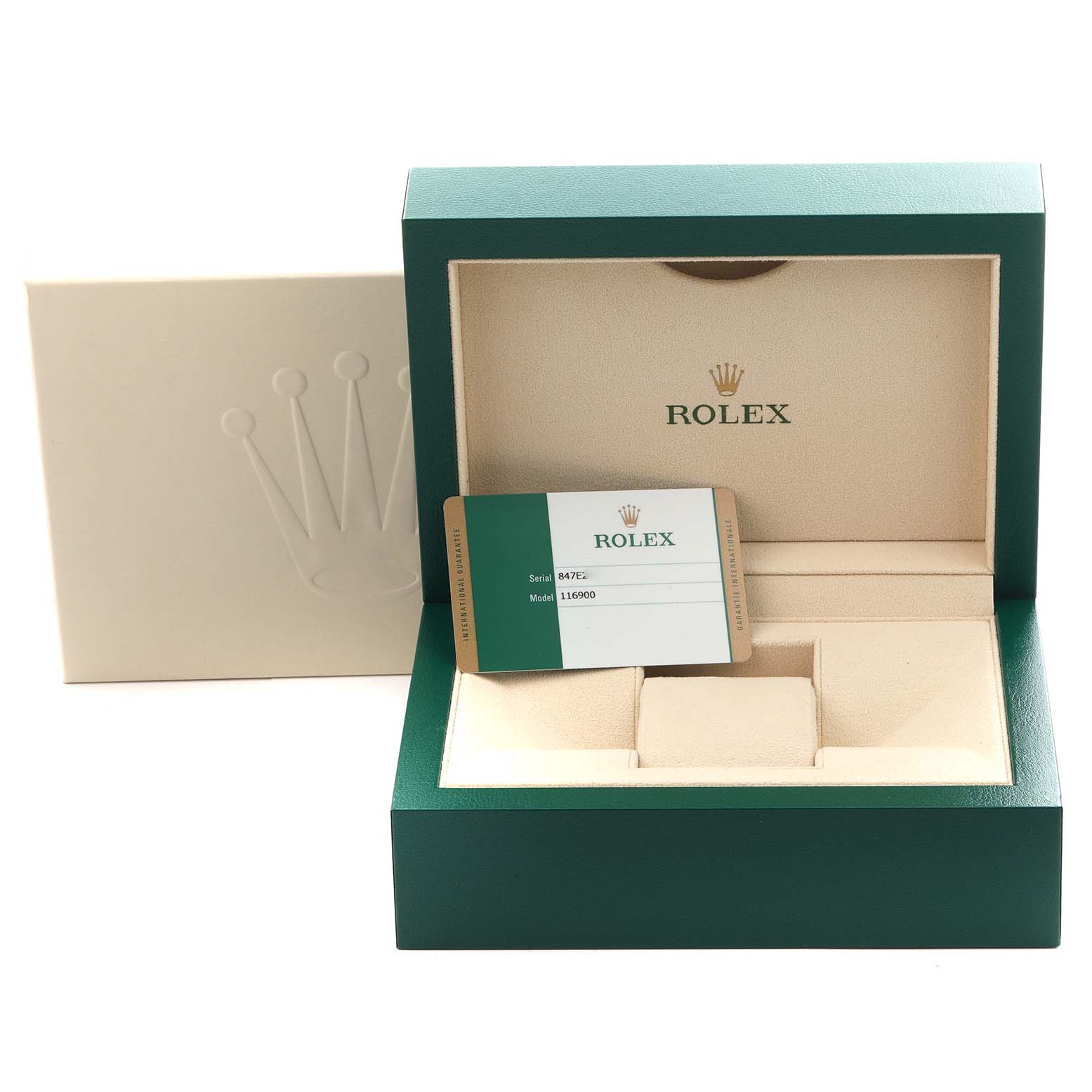 The image shows the open box and warranty card for a Rolex Air-King 116900 Men
s Stainless Steel Black Dial 116900 Men
s Stainless Steel Black Dial, viewed from the front.
