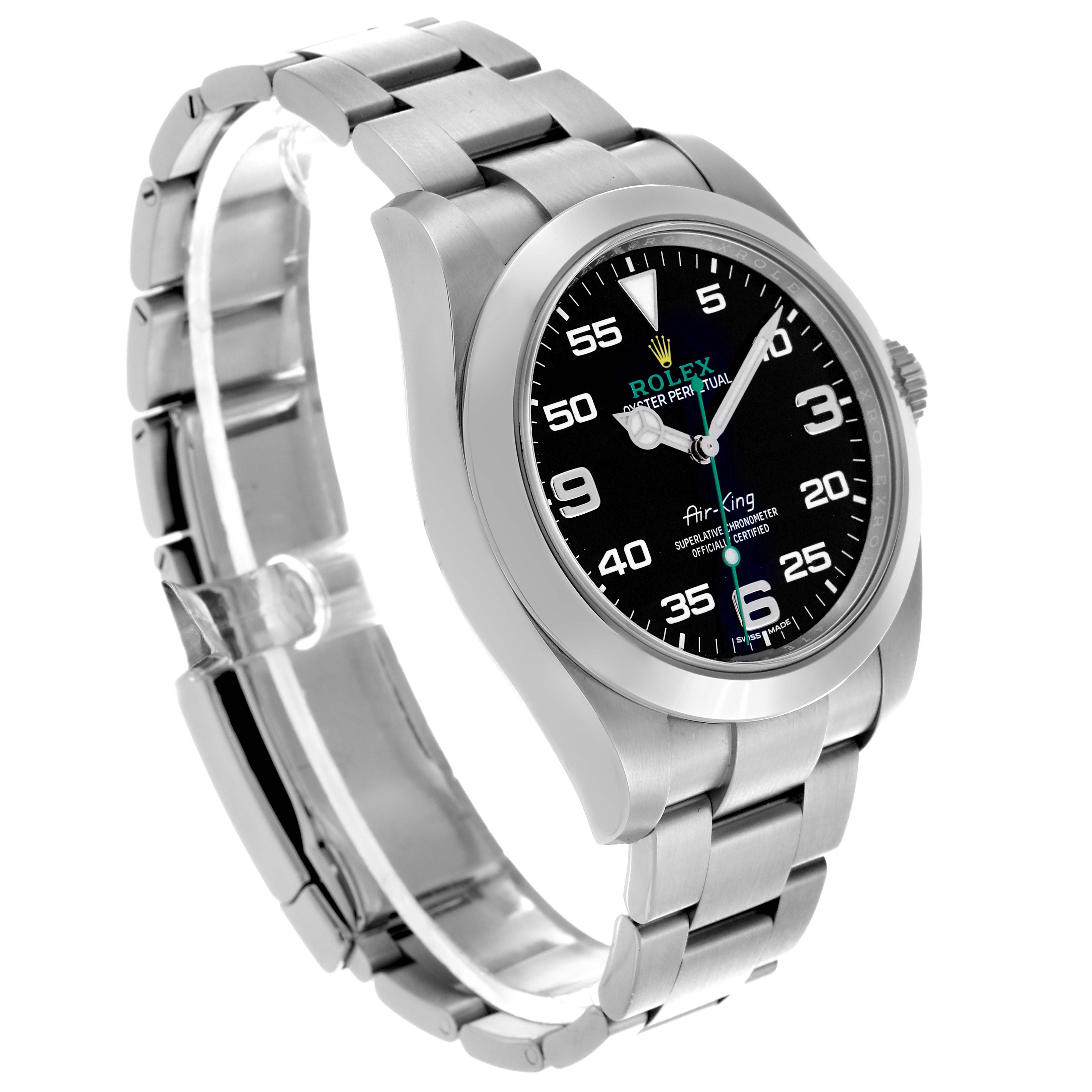 The Rolex Air-King 116900 Men
s Stainless Steel Black Dial 116900 Men
s Stainless Steel Black Dial watch is shown at a three-quarter angle, displaying the face, bezel, and bracelet.