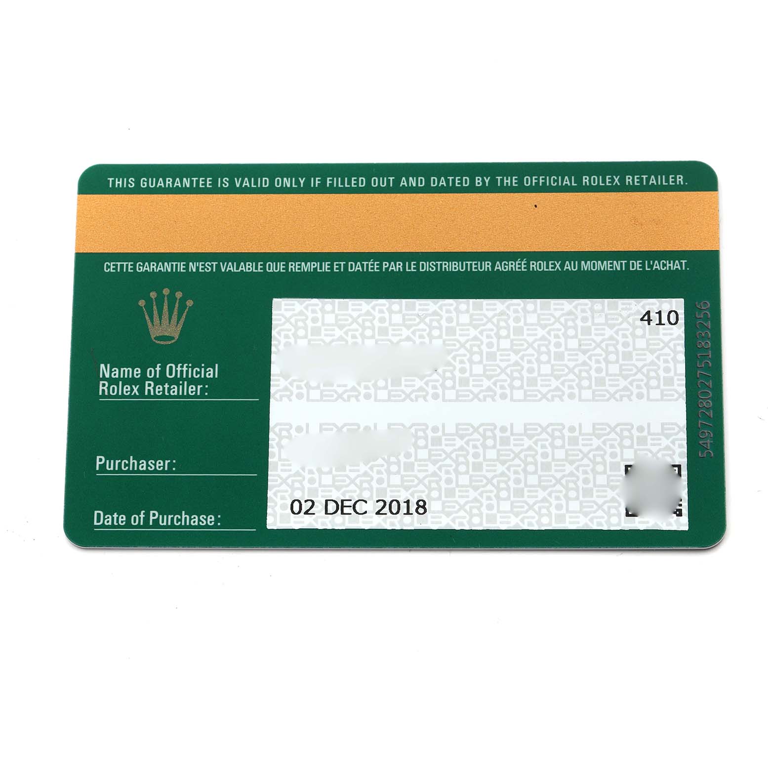 The image shows a warranty card for a Rolex Air-King 116900 Men
s Stainless Steel Black Dial 116900 Men
s Stainless Steel Black Dial watch, detailing purchase information.