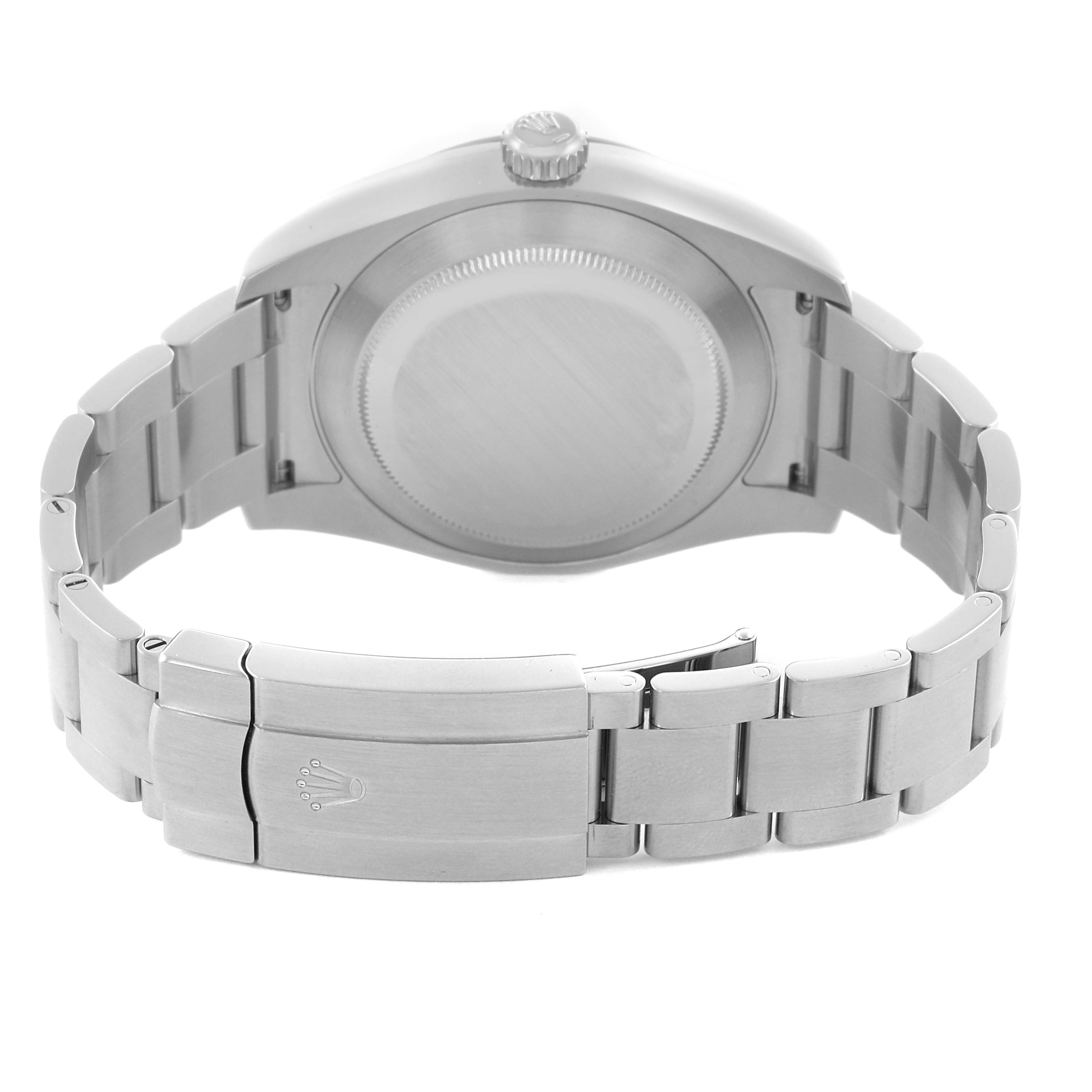 The image shows the back view of a Rolex Air-King 116900 Men
s Stainless Steel Black Dial 116900 Men
s Stainless Steel Black Dial watch, highlighting the bracelet, clasp, and case back.