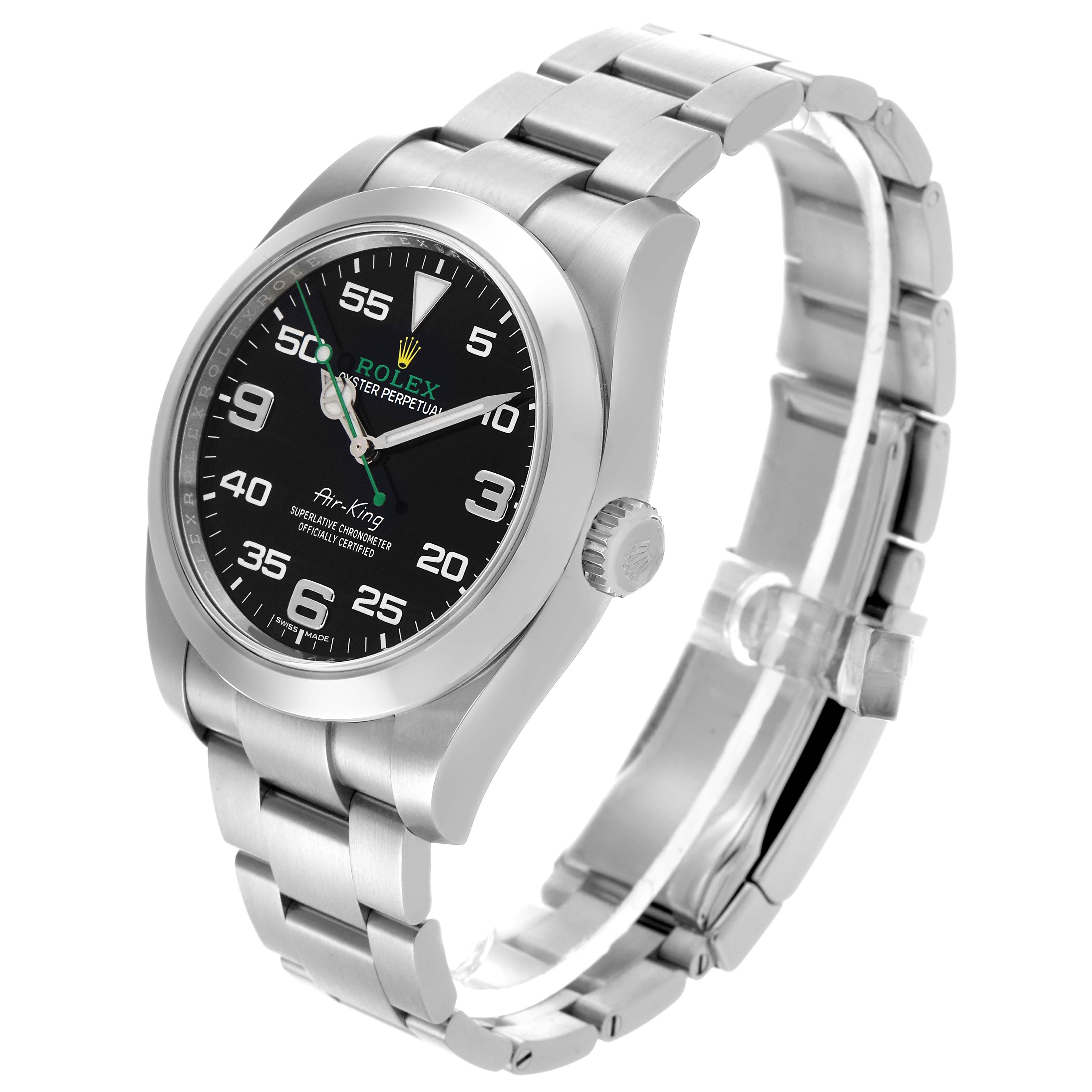 The Rolex Air-King 116900 Men
s Stainless Steel Black Dial 116900 Men
s Stainless Steel Black Dial watch is shown at a three-quarter angle, displaying the face, bezel, crown, and bracelet.