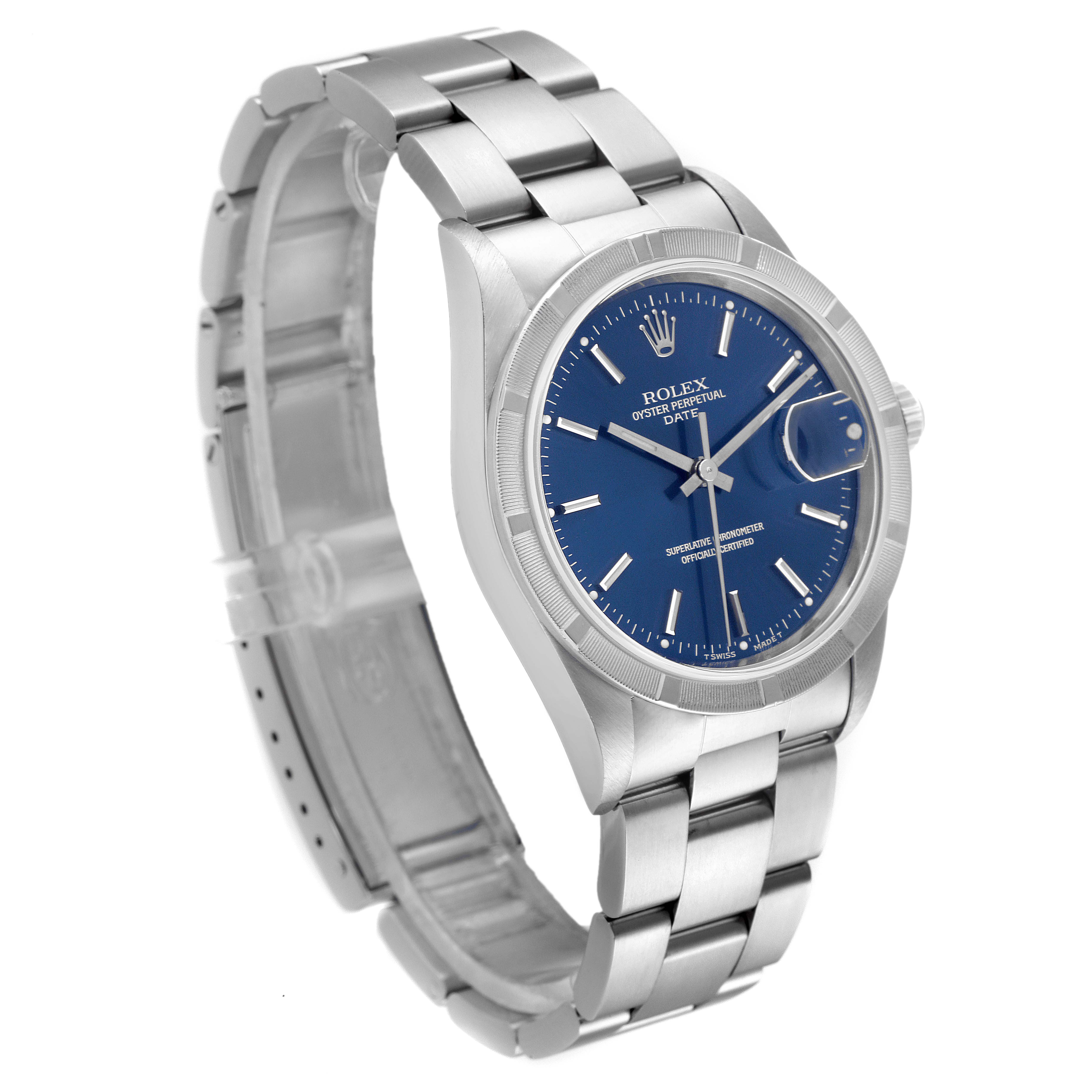 This image shows a Rolex Date 15210 Men's Stainless Steel Blue Dial 15210 Men's Stainless Steel Blue Dial model watch from a front angled view, highlighting its bracelet, case, and blue dial.