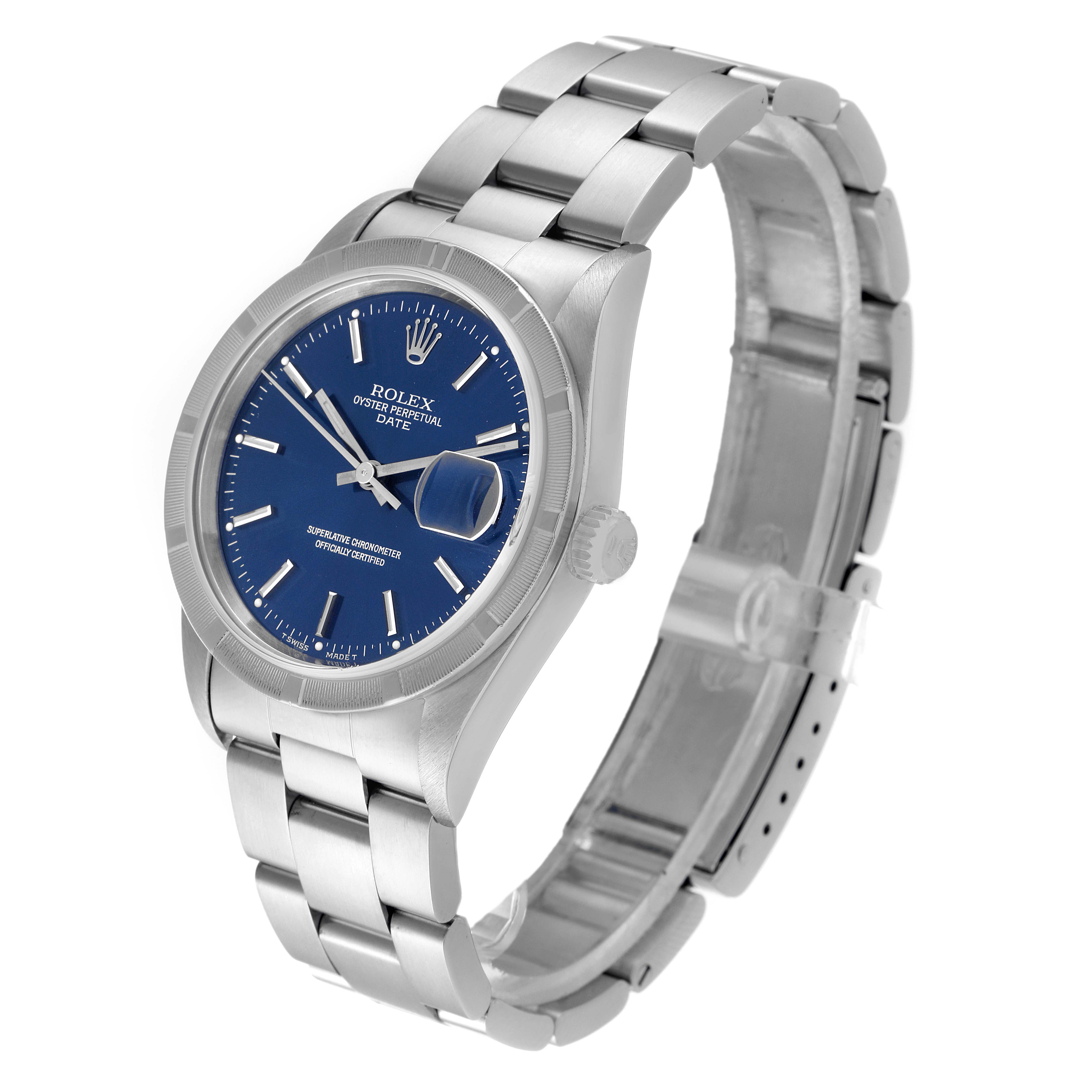 The image shows a front-side angle of a Rolex Date 15210 Men's Stainless Steel Blue Dial 15210 Men's Stainless Steel Blue Dial model watch with a blue dial and stainless steel bracelet.