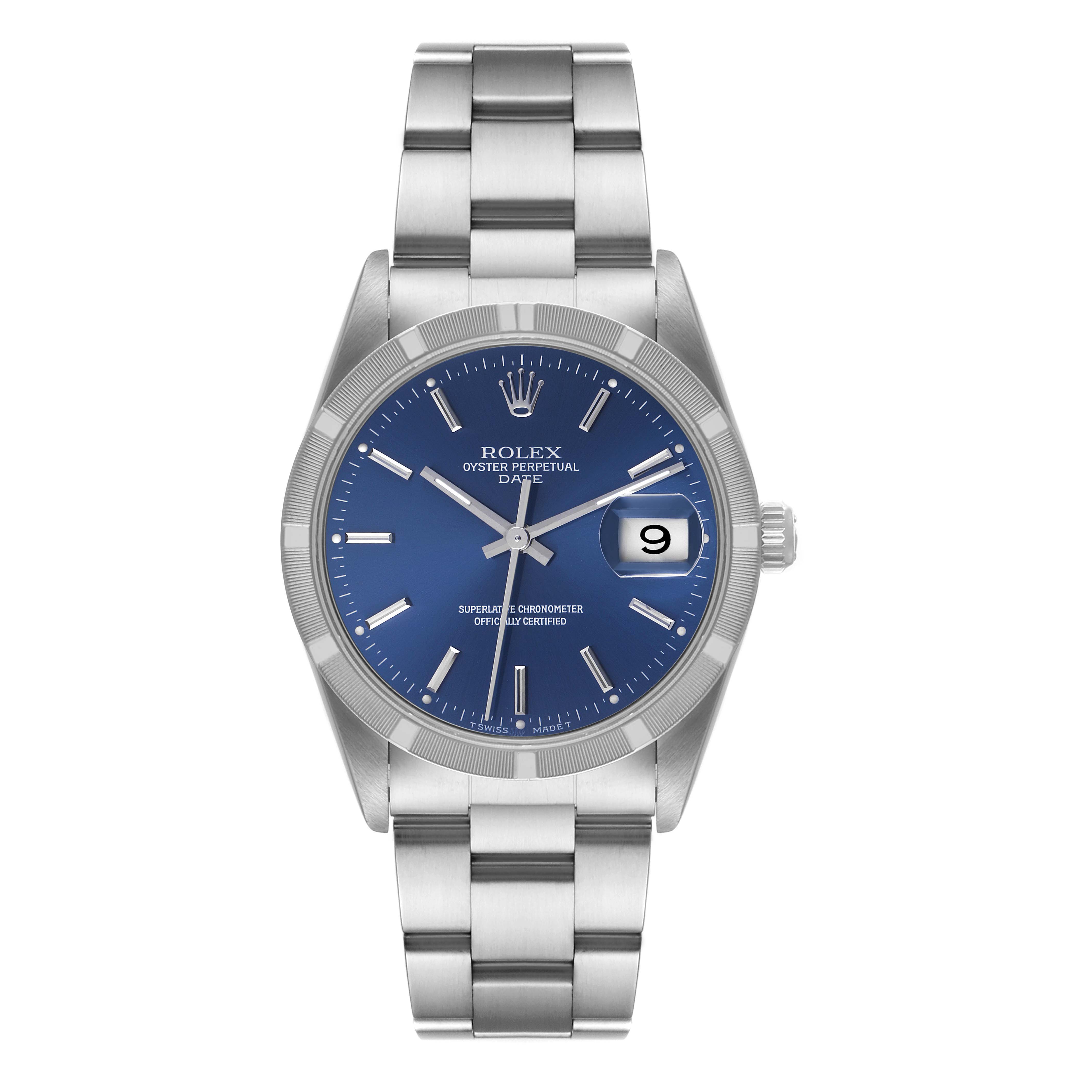 The image shows a Rolex Oyster Perpetual Date watch, with a centered, front view highlighting the dial and bracelet.