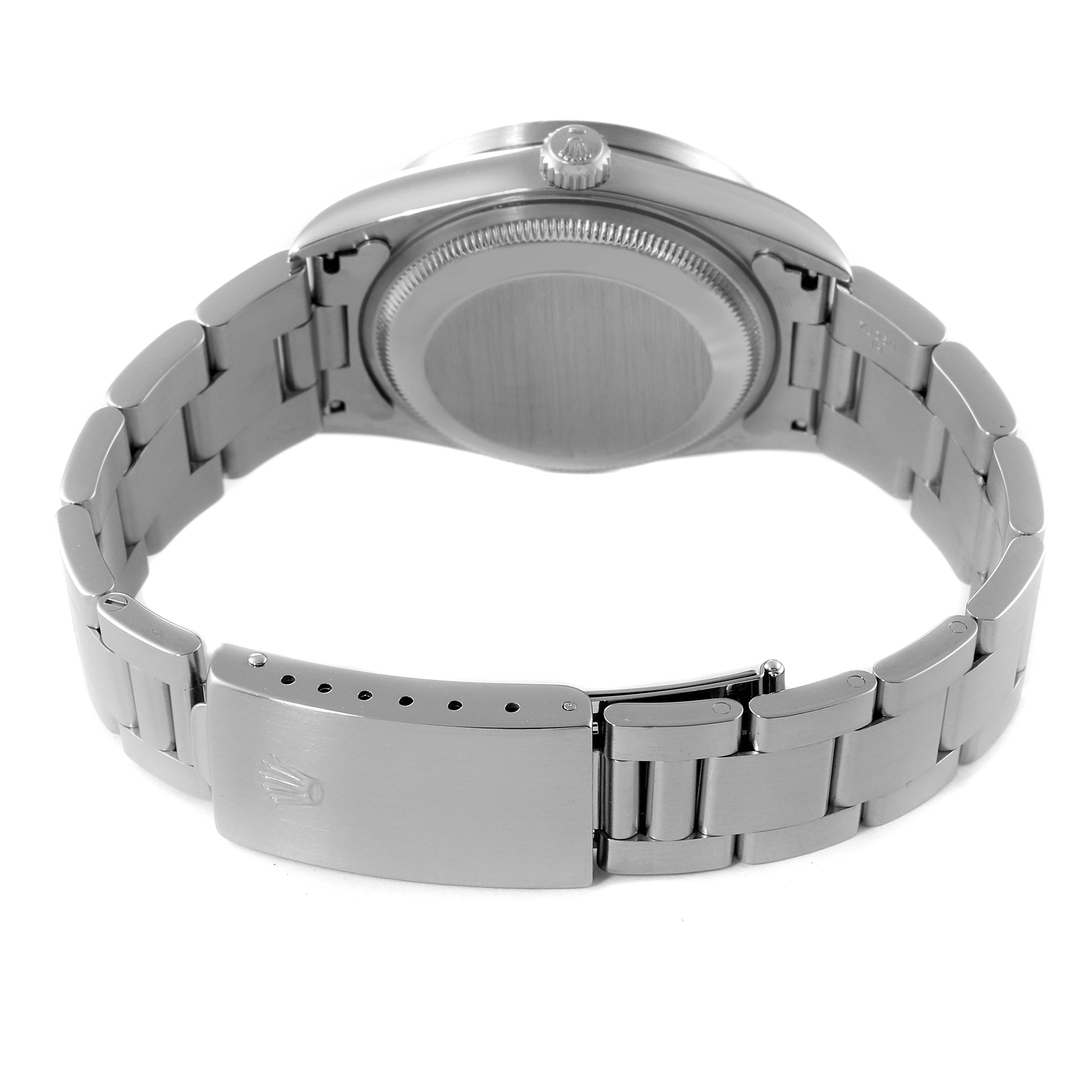 This image shows the back view of a Rolex Date 15210 Men's Stainless Steel Blue Dial 15210 Men's Stainless Steel Blue Dial model watch, highlighting the bracelet, clasp, and case back.