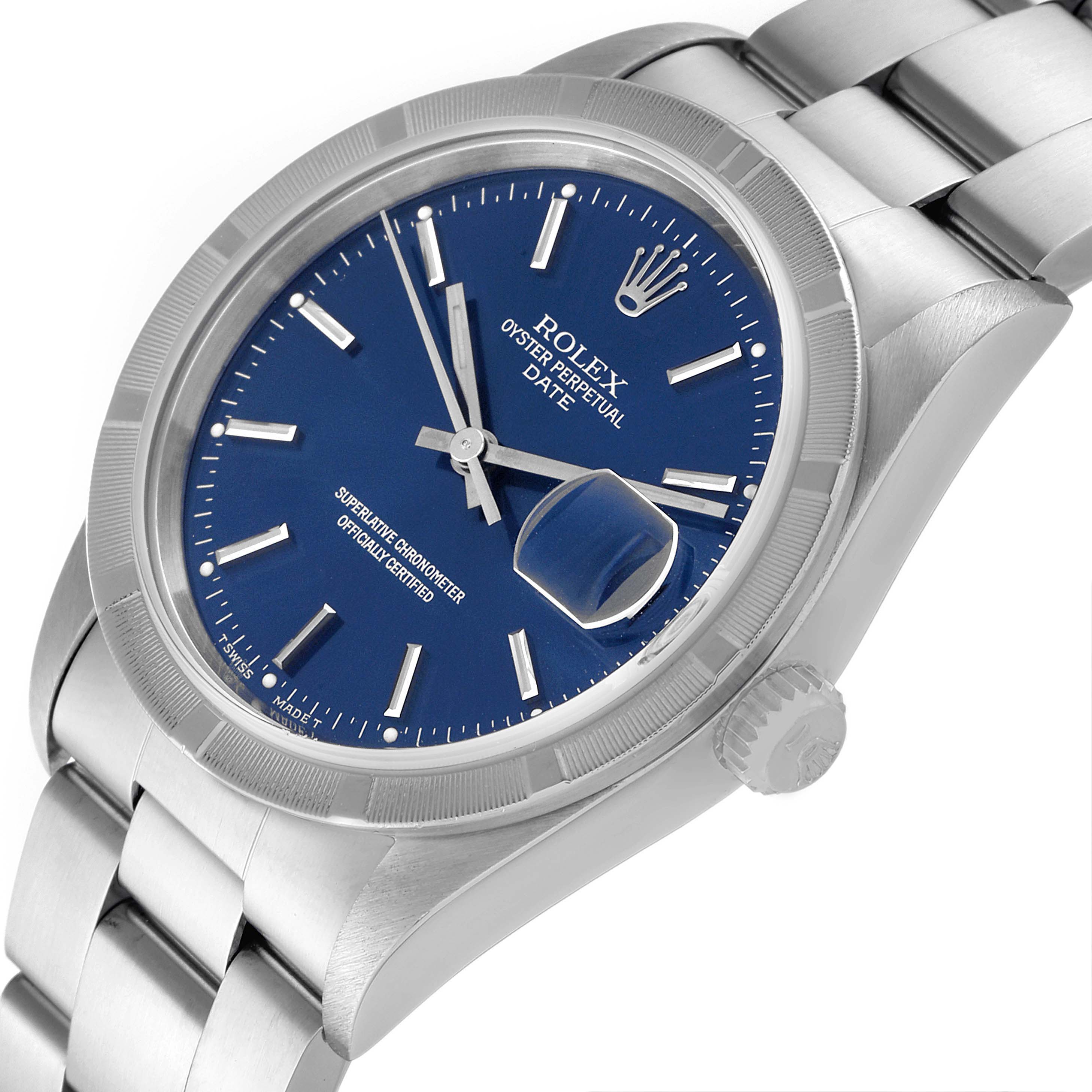 The image shows a close-up, angled view of the Rolex Date 15210 Men's Stainless Steel Blue Dial 15210 Men's Stainless Steel Blue Dial model watch, highlighting the blue dial, bezel, crown, and part of the bracelet.