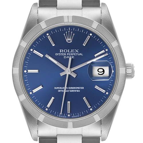 Photo of Rolex Date Blue Dial Oyster Bracelet Steel Mens Watch 15210 Box Papers