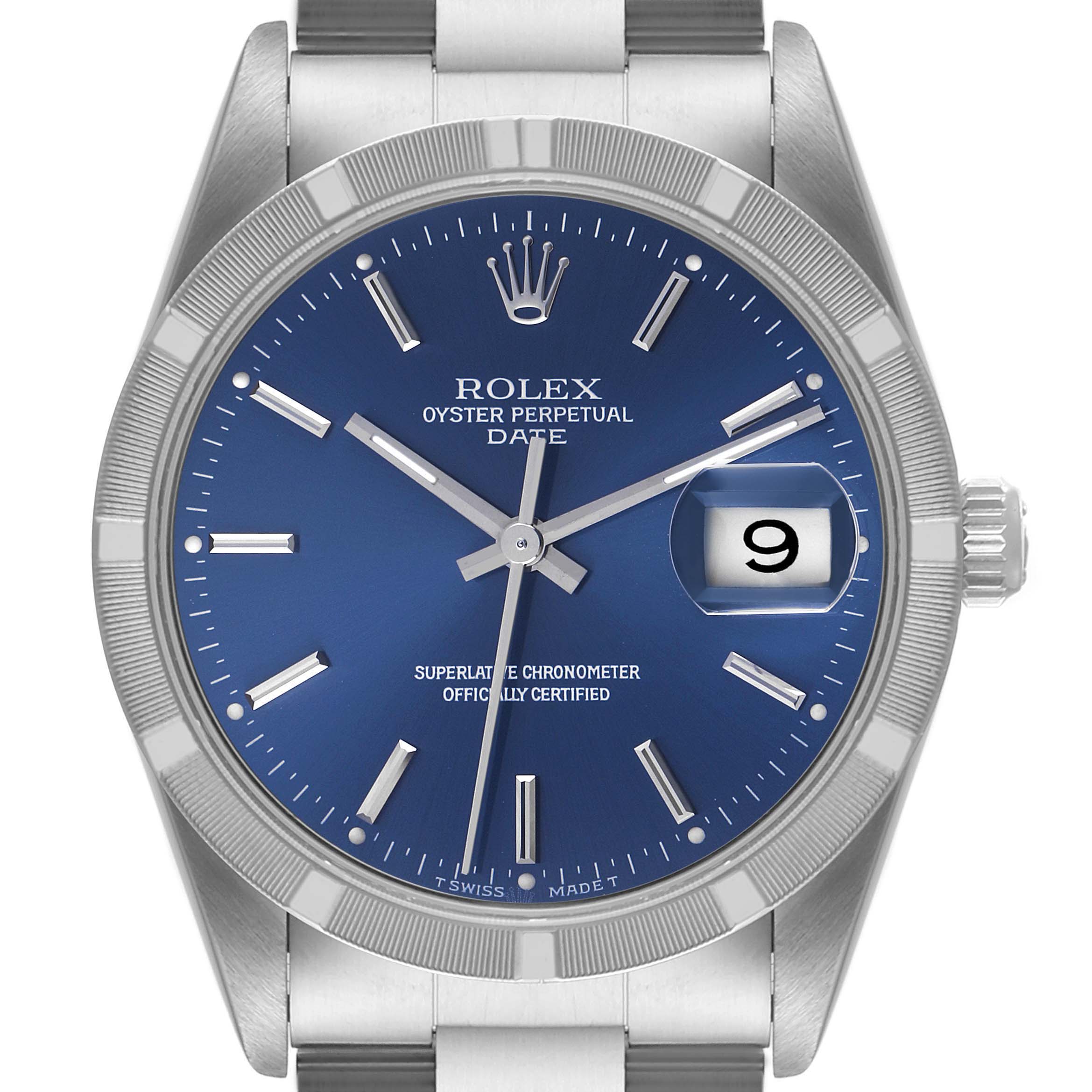 The image shows a front view of the Rolex Date 15210 Men's Stainless Steel Blue Dial 15210 Men's Stainless Steel Blue Dial model watch, displaying the dial, bezel, and part of the bracelet.