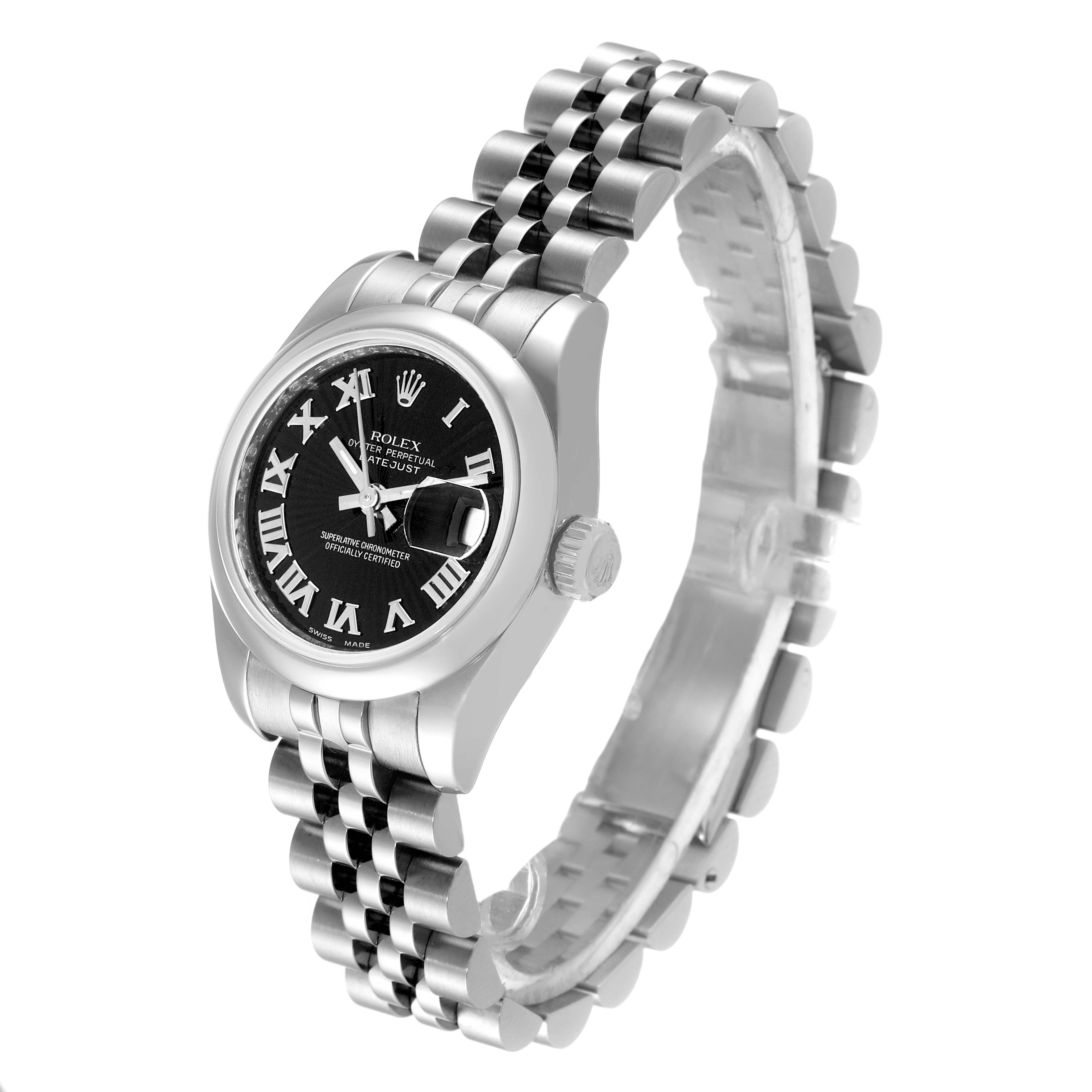 The Rolex Datejust 179160 Women's Stainless Steel Black Dial 179160 Women's Stainless Steel Black Dial watch is shown at a slight angle, highlighting its face and bracelet.