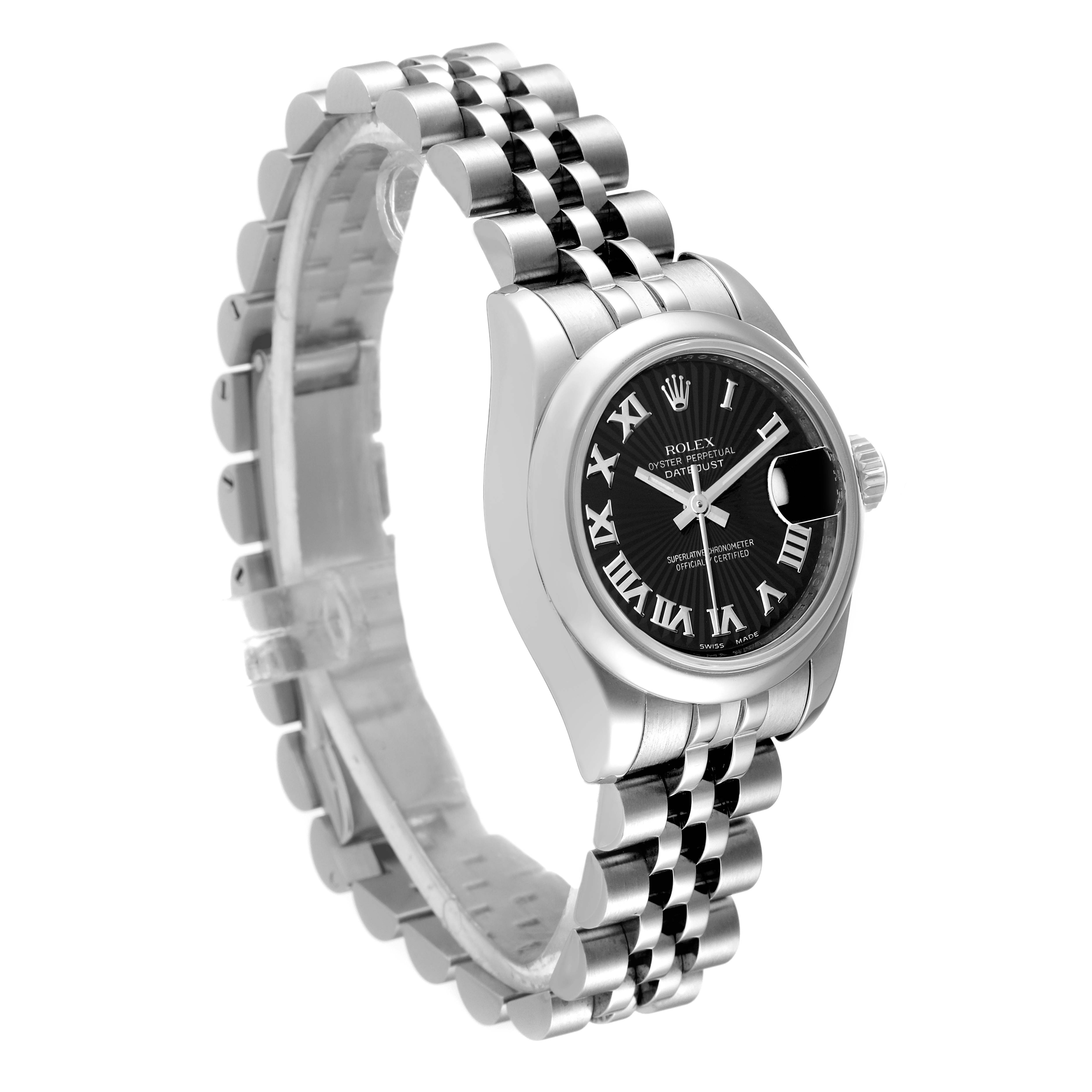 This image shows a side angle view of a Rolex Datejust 179160 Women's Stainless Steel Black Dial 179160 Women's Stainless Steel Black Dial watch, highlighting its face, bezel, and bracelet.