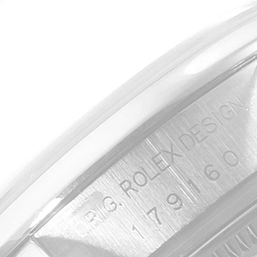 The image shows a close-up of the side of a Rolex Datejust 179160 Women's Stainless Steel Black Dial 179160 Women's Stainless Steel Black Dial watch case, featuring the model number engraving.
