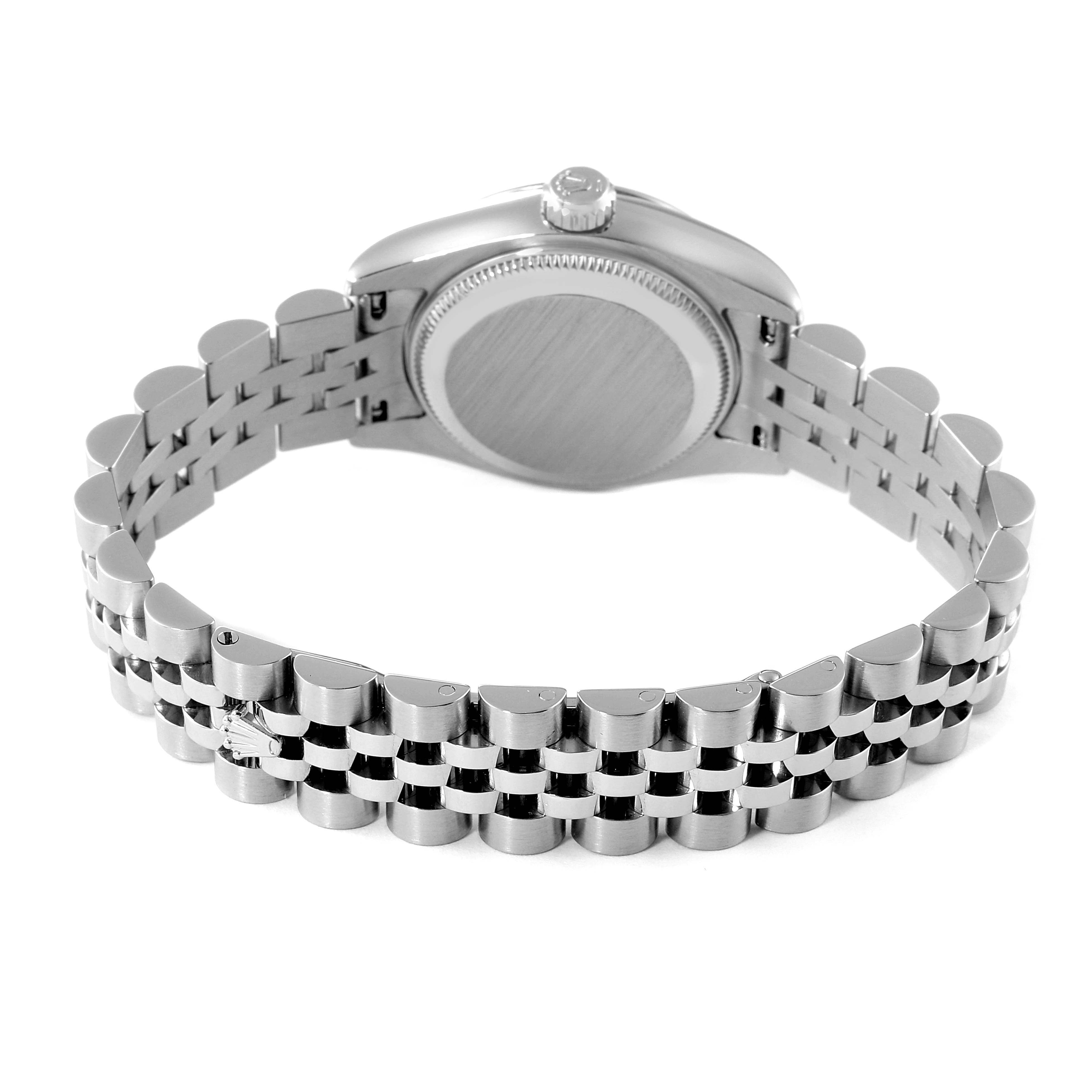 The image shows the back view of a Rolex Datejust 179160 Women's Stainless Steel Black Dial 179160 Women's Stainless Steel Black Dial watch, highlighting the bracelet and case back.