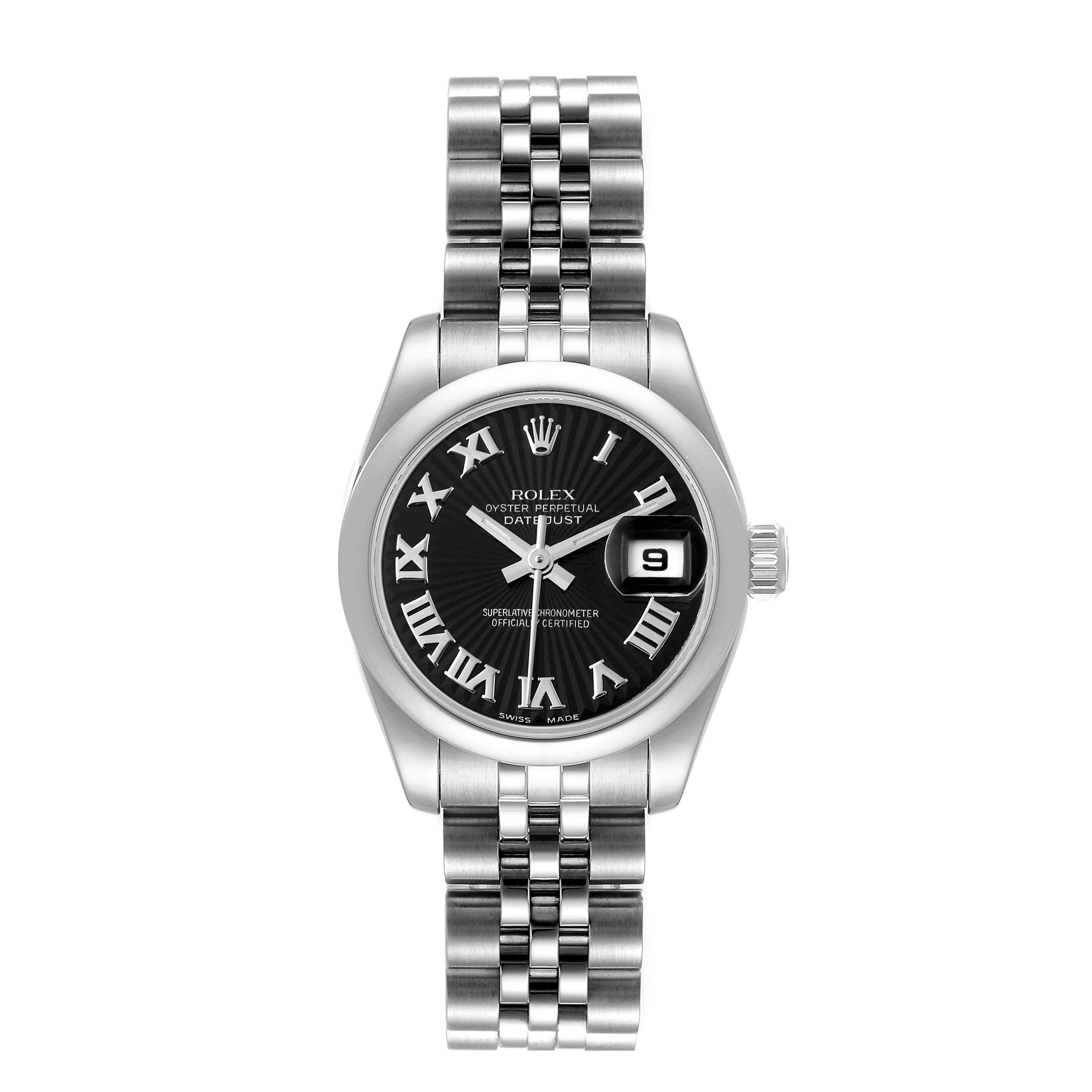 The Rolex Datejust 179160 Women's Stainless Steel Black Dial 179160 Women's Stainless Steel Black Dial watch is shown from a top-down angle, featuring its black dial, Roman numerals, and Jubilee bracelet.
