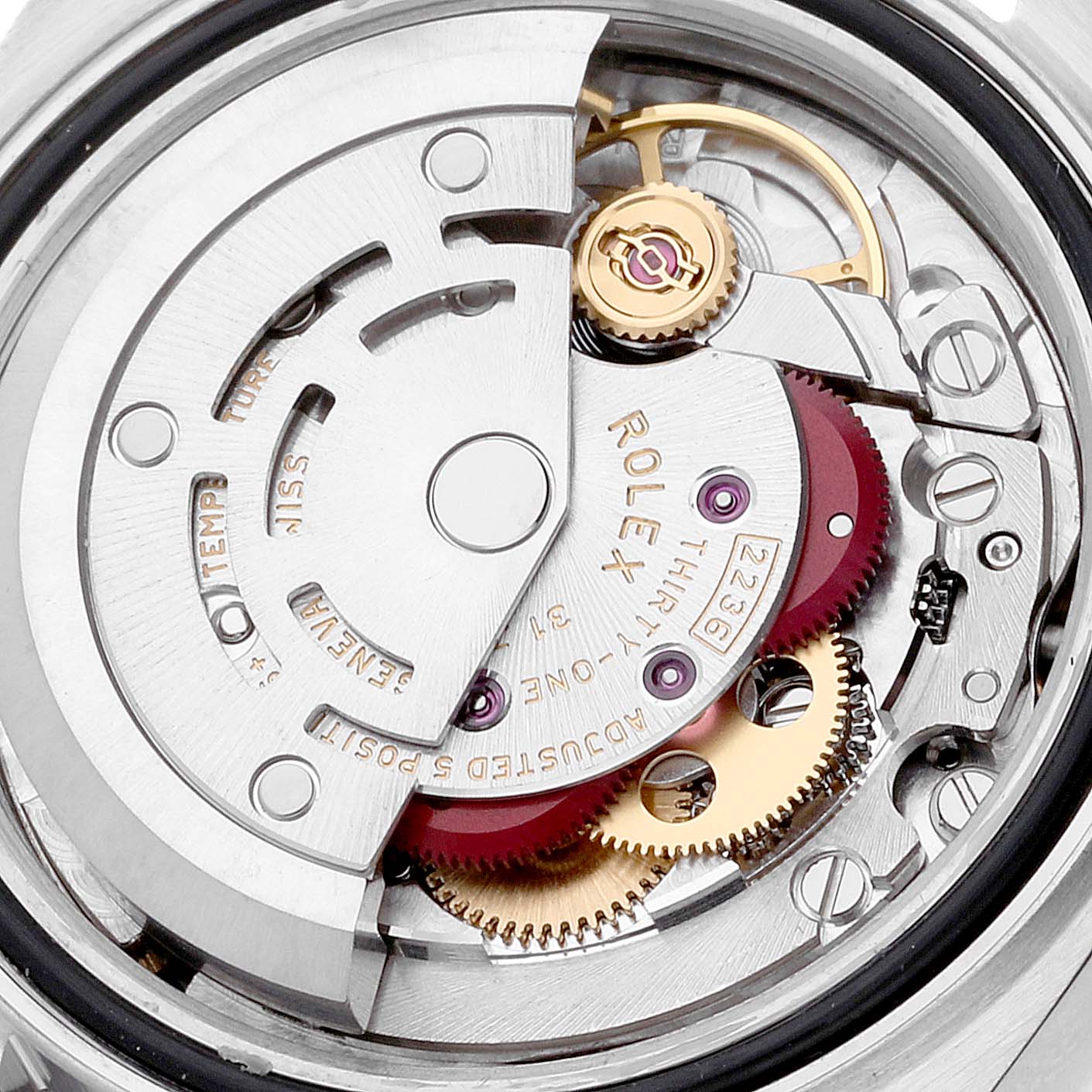 This image shows the intricate movement and internal components of a Rolex Datejust 279384 Women's Stainless Steel Mother of Pearl Dial 279384 Women's Stainless Steel Mother of Pearl Dial watch from a close-up, top-down angle.
