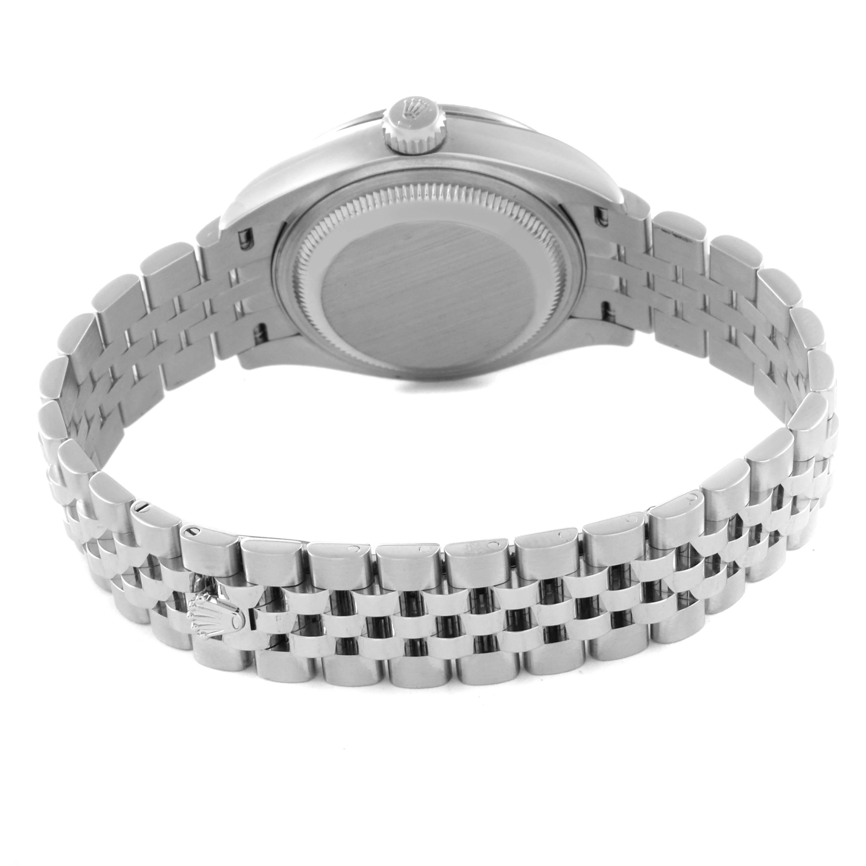This image shows the backside and bracelet of a Rolex Datejust 279384 Women's Stainless Steel Mother of Pearl Dial 279384 Women's Stainless Steel Mother of Pearl Dial watch, emphasizing the case back, crown, and steel jubilee bracelet.