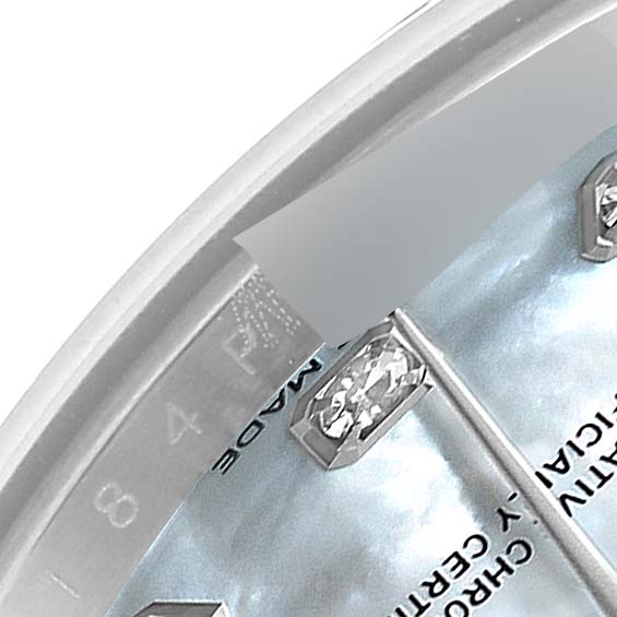 The image shows a close-up of the dial and diamond hour markers of a Rolex Datejust 279384 Women's Stainless Steel Mother of Pearl Dial 279384 Women's Stainless Steel Mother of Pearl Dial watch, including part of the rehaut.