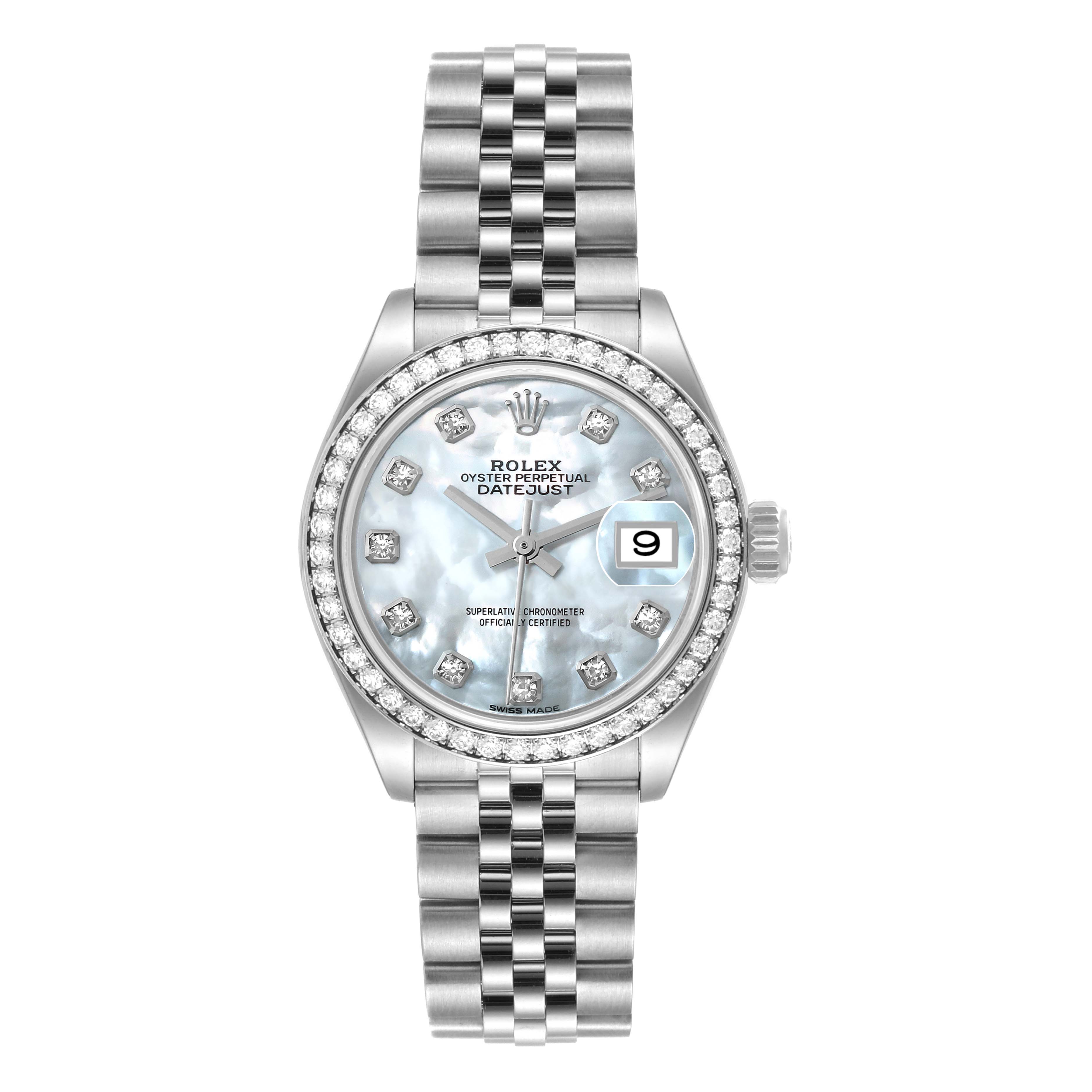 This image shows a front view of the Rolex Datejust 279384 Women's Stainless Steel Mother of Pearl Dial 279384 Women's Stainless Steel Mother of Pearl Dial with a diamond-set bezel, mother-of-pearl dial, and Jubilee bracelet.