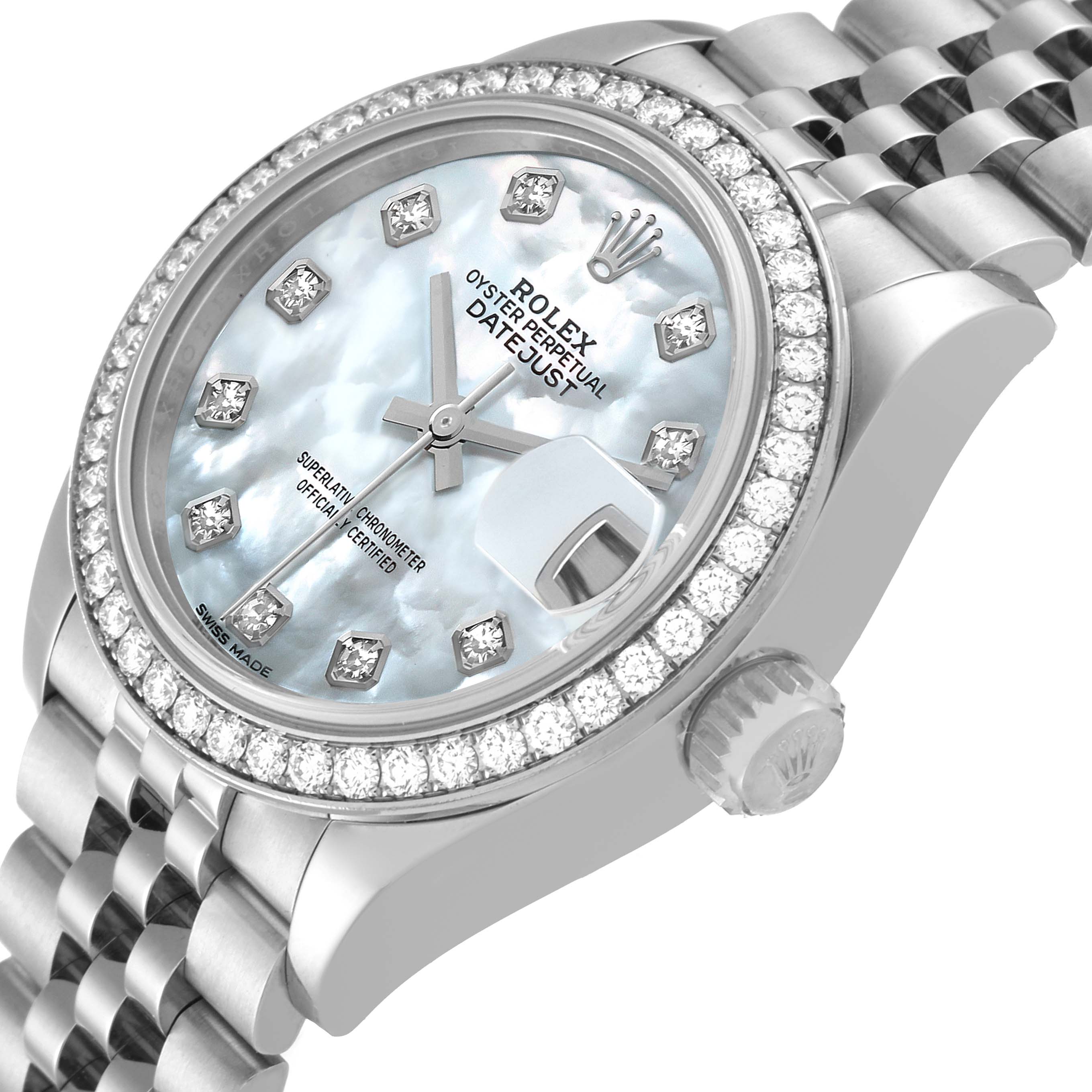 The image shows a close-up angled view of a Rolex Datejust 279384 Women's Stainless Steel Mother of Pearl Dial 279384 Women's Stainless Steel Mother of Pearl Dial watch featuring its face, bezel, and part of the bracelet.