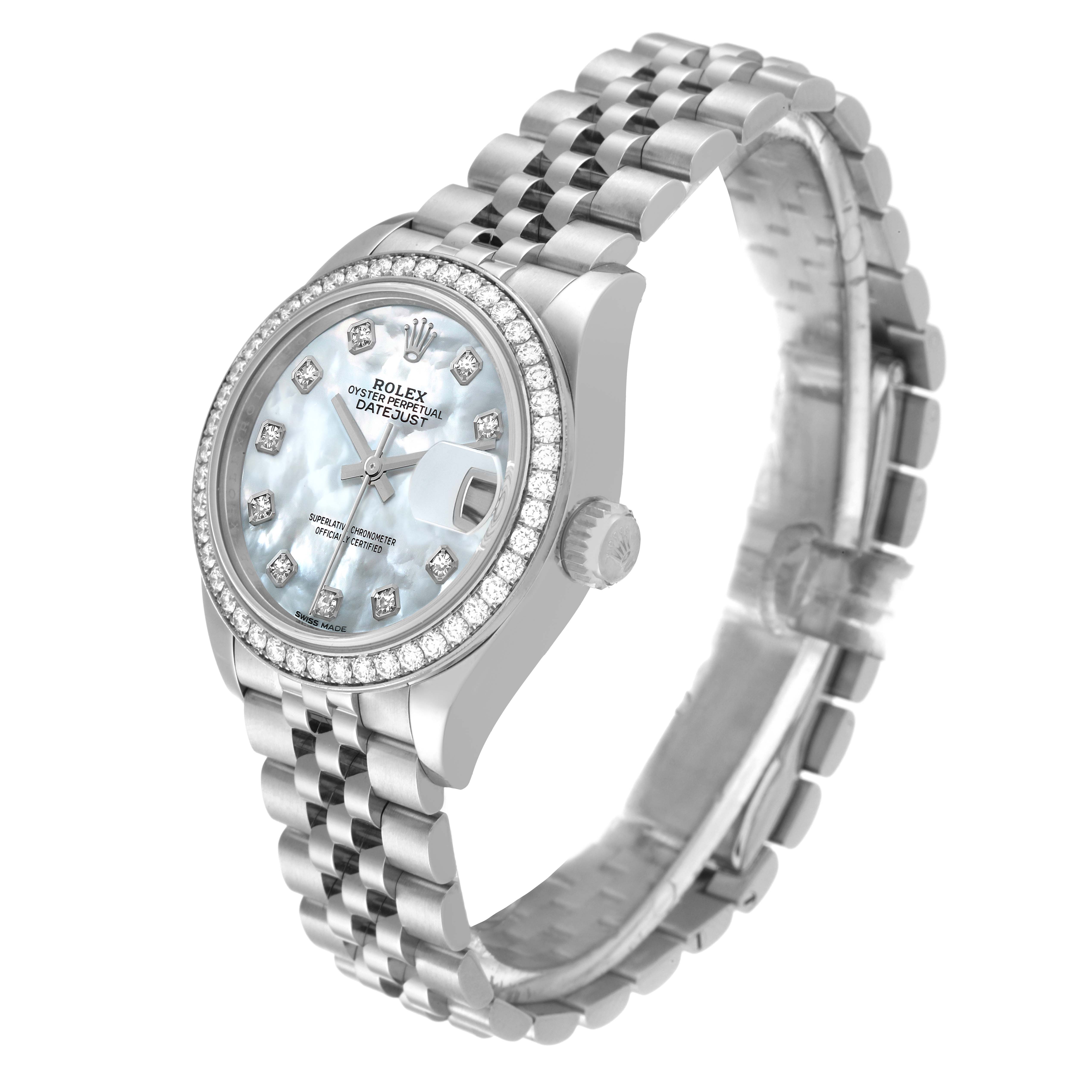 The image shows a Rolex Datejust 279384 Women's Stainless Steel Mother of Pearl Dial 279384 Women's Stainless Steel Mother of Pearl Dial watch from a three-quarter angle, highlighting its face, bezel, and bracelet.