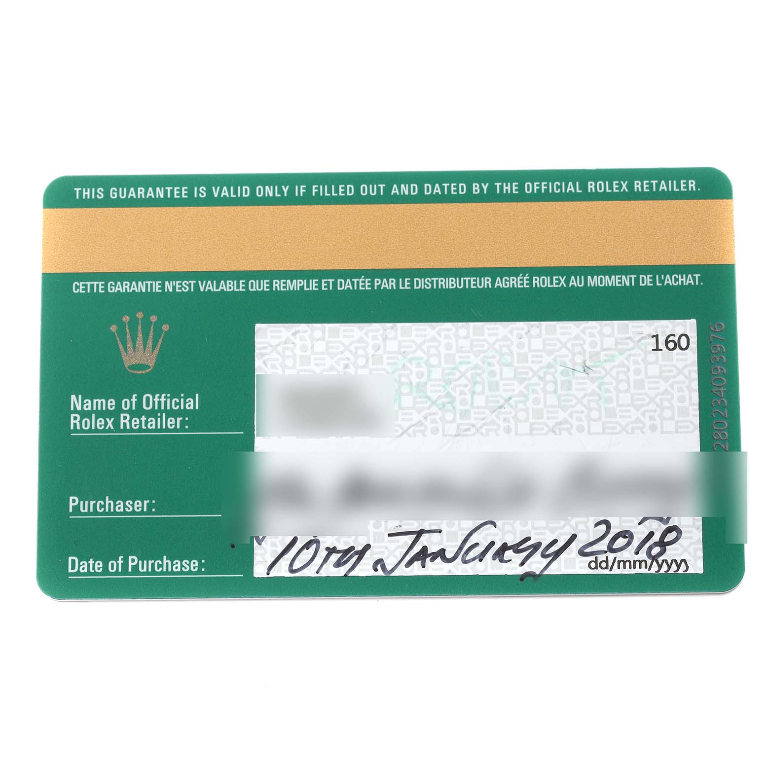 This image shows the warranty card for a Rolex Datejust 279384 Women's Stainless Steel Mother of Pearl Dial 279384 Women's Stainless Steel Mother of Pearl Dial watch.