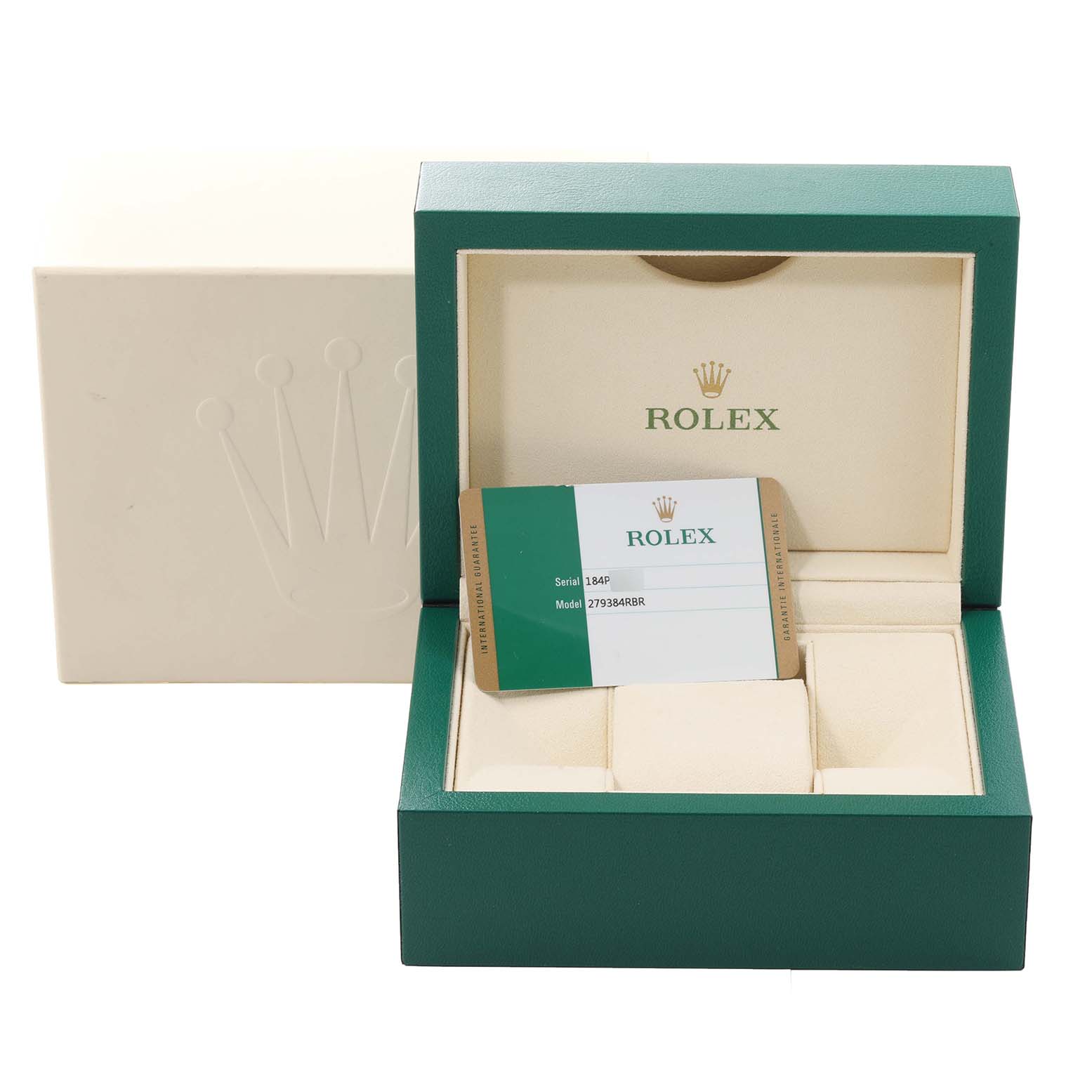 The image shows a Rolex Datejust 279384 Women's Stainless Steel Mother of Pearl Dial 279384 Women's Stainless Steel Mother of Pearl Dial watch box, including the inner and outer box, and a warranty card.