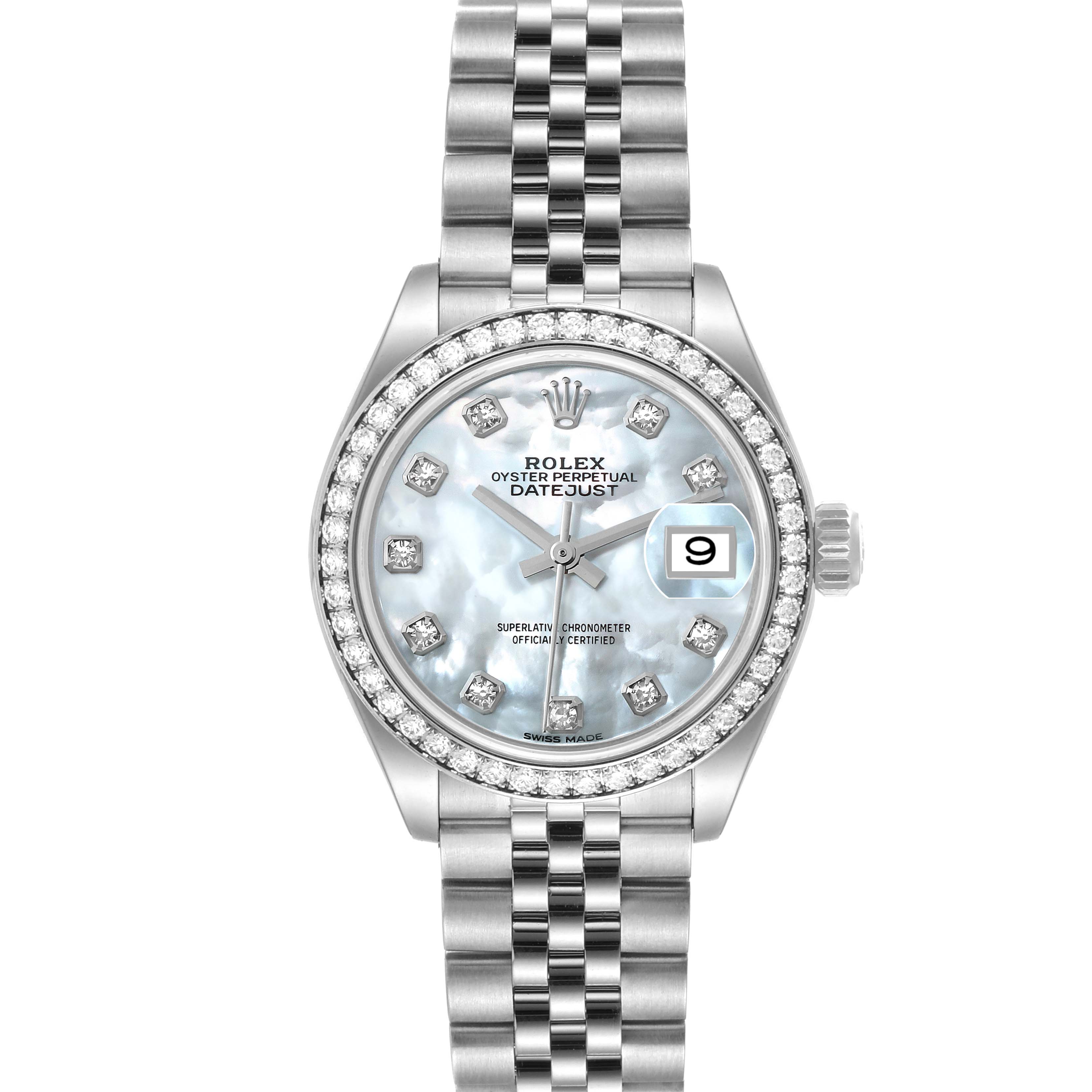 The image shows a front view of a Rolex Datejust 279384 Women's Stainless Steel Mother of Pearl Dial 279384 Women's Stainless Steel Mother of Pearl Dial model, highlighting its bejeweled bezel and bracelet.