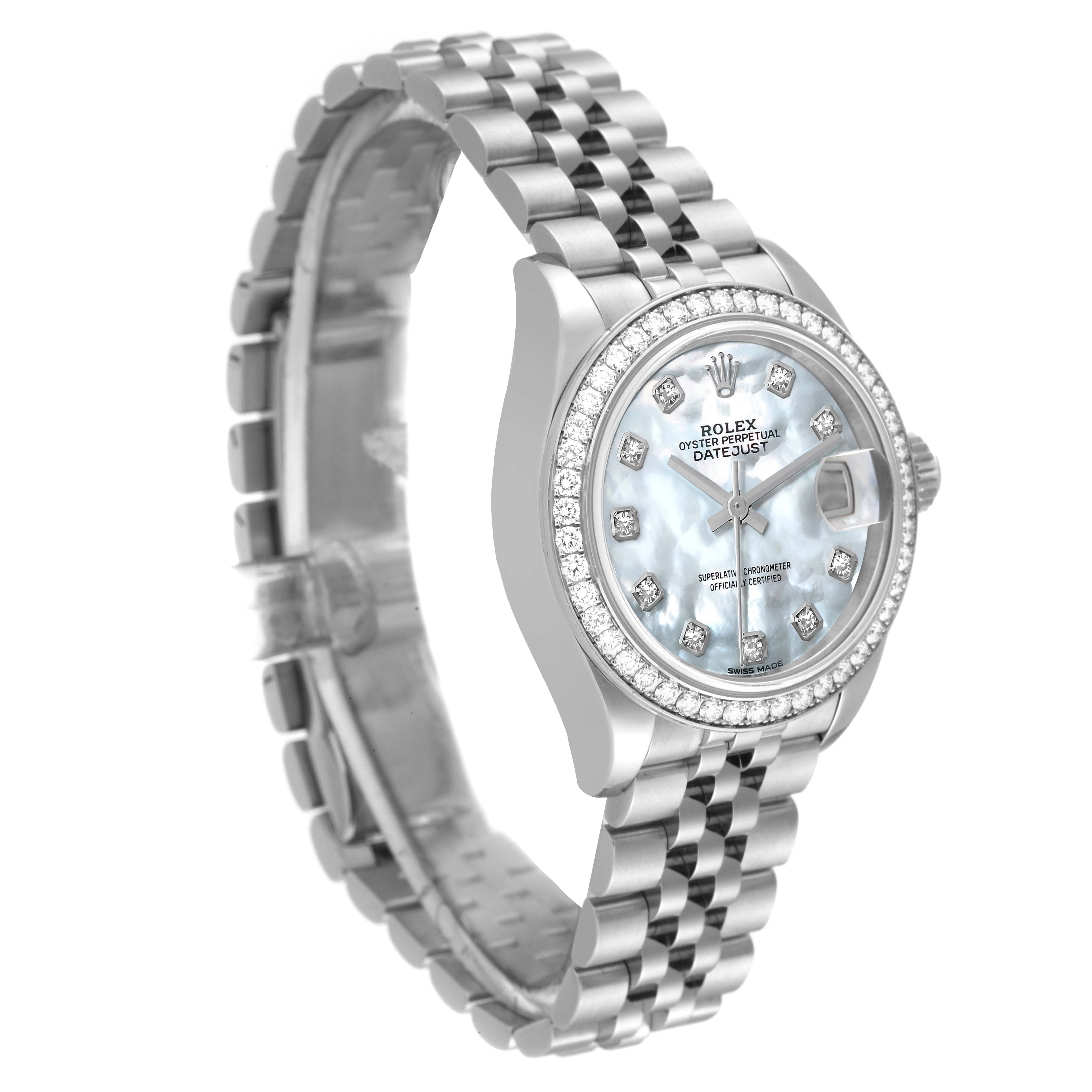 This image shows the Rolex Datejust 279384 Women's Stainless Steel Mother of Pearl Dial 279384 Women's Stainless Steel Mother of Pearl Dial model from a three-quarter angle, featuring its face, bracelet band, and side profile.