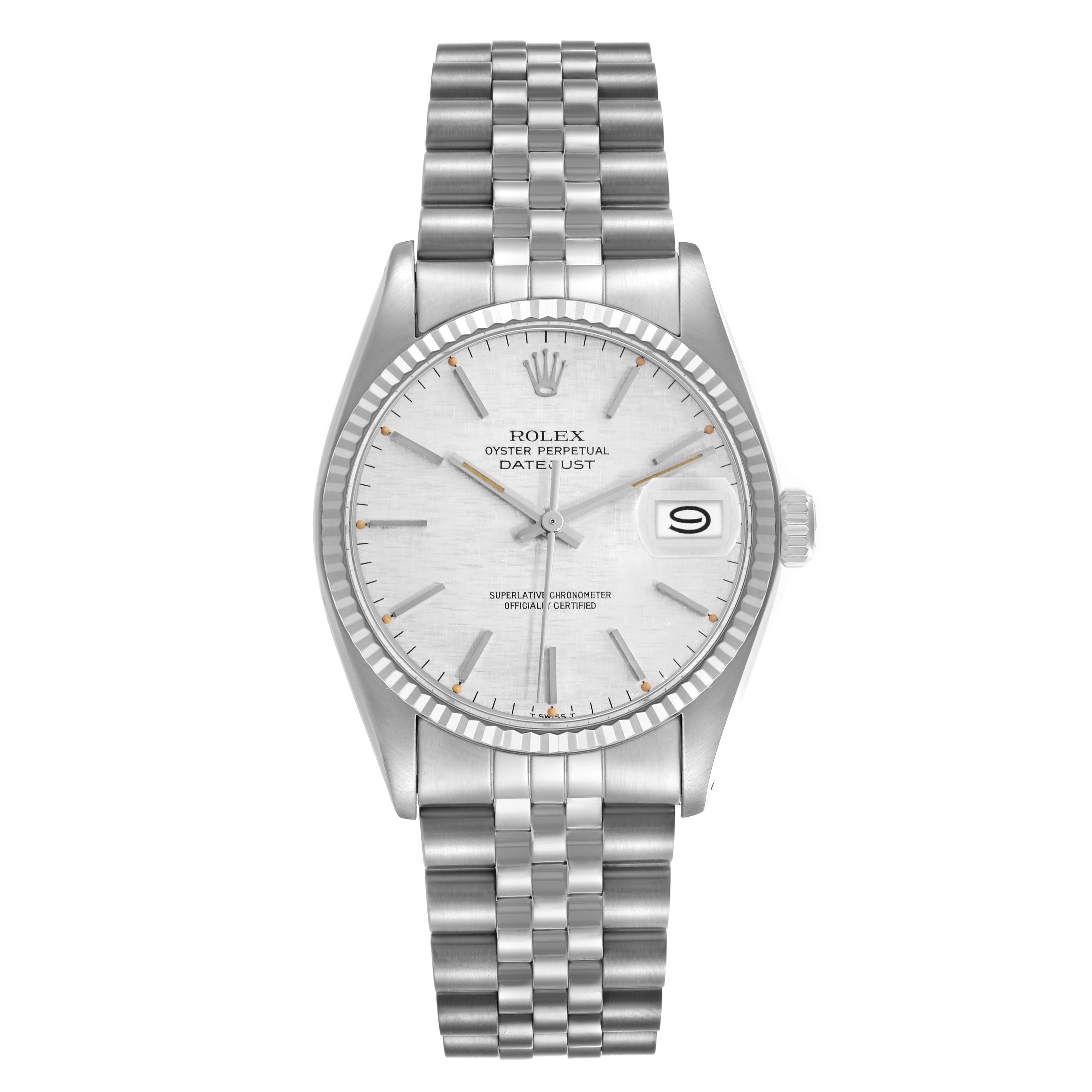 The Rolex Datejust 68084 Men
s Stainless Steel Silver Dial 68084 Men
s Stainless Steel Silver Dial watch is shown from a front angle, highlighting the dial, fluted bezel, and Jubilee bracelet.