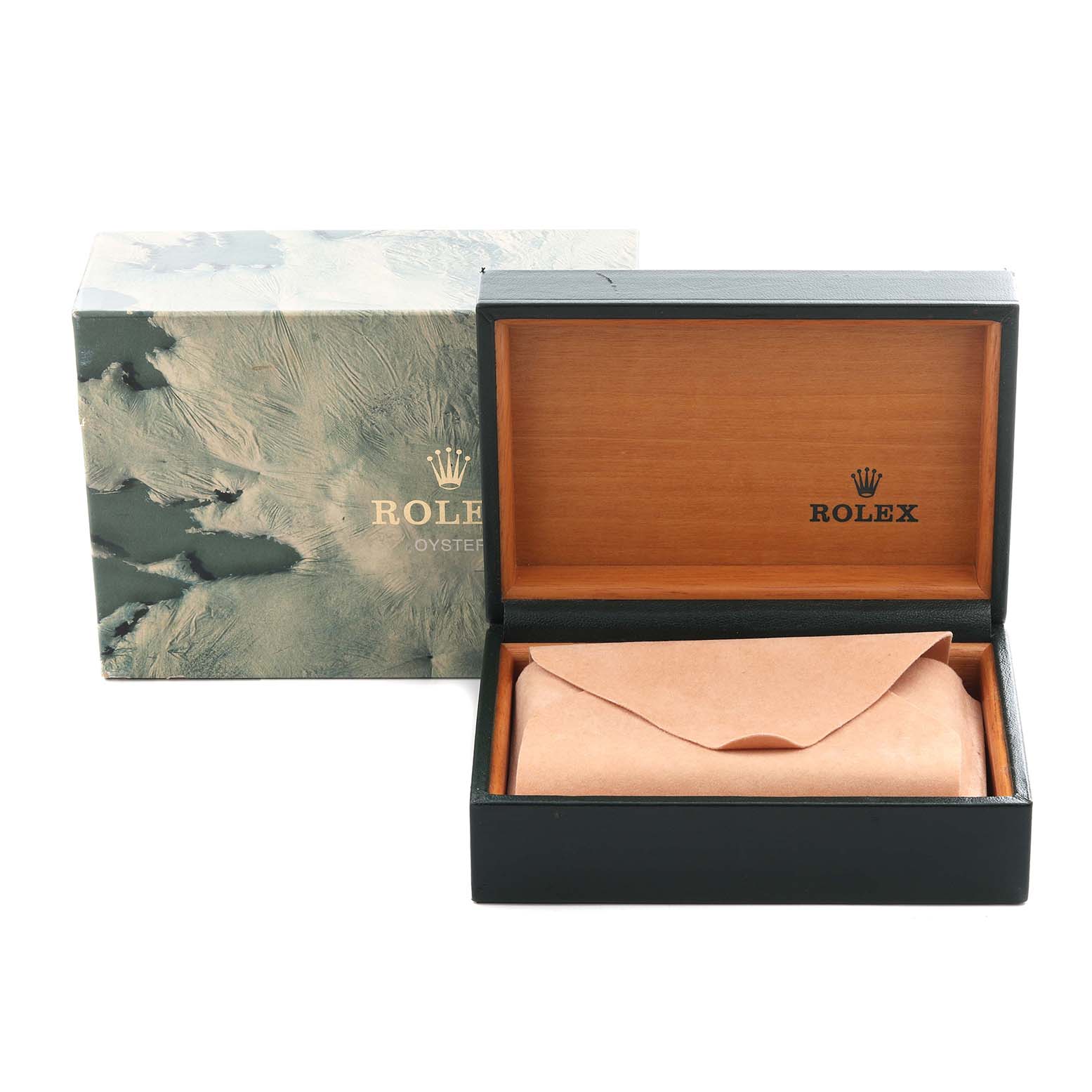 The image shows a Rolex Datejust 68084 Men
s Stainless Steel Silver Dial 68084 Men
s Stainless Steel Silver Dial box and packaging, featuring an outer box and an open inner box with a cushioned pouch.