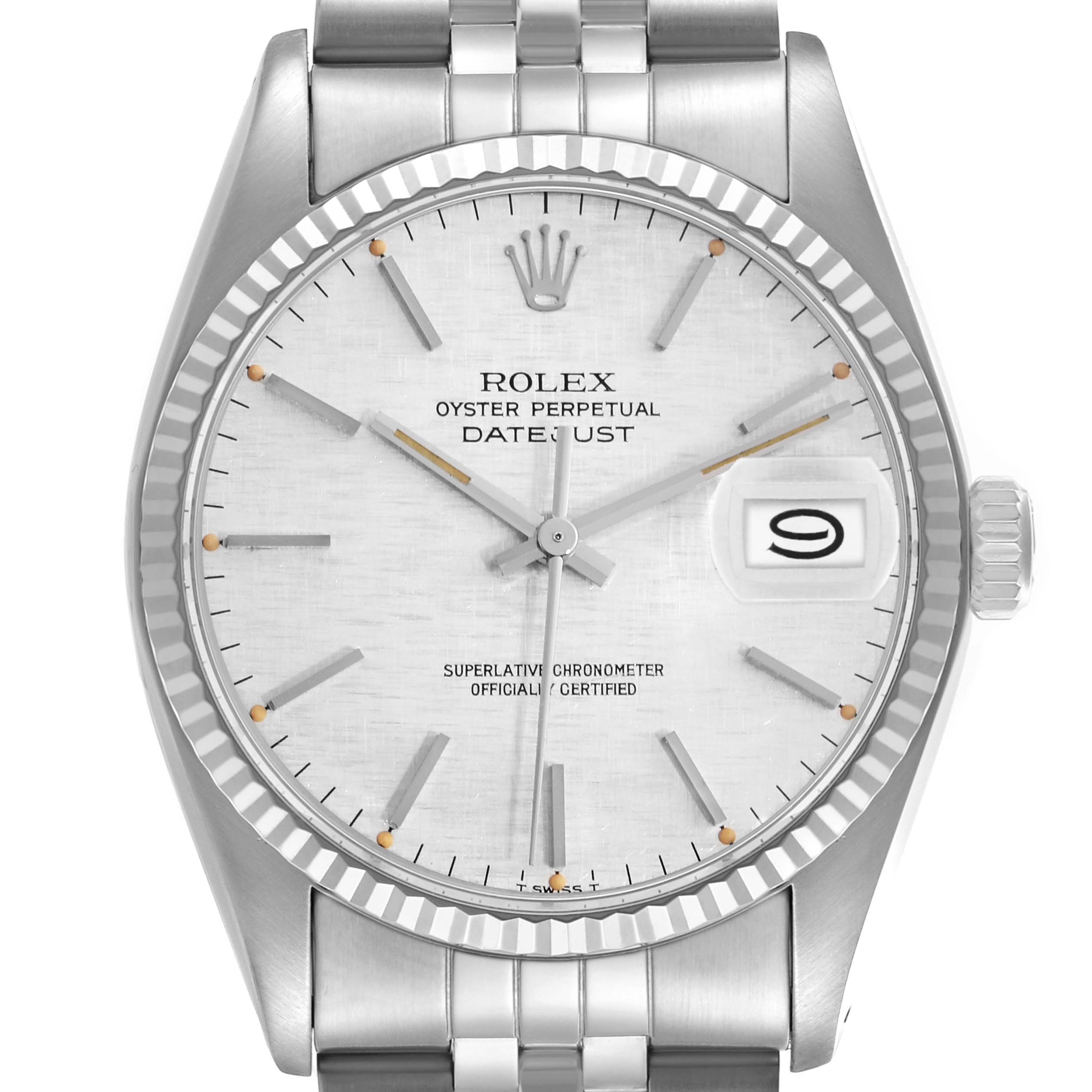 The Rolex Datejust 68084 Men
s Stainless Steel Silver Dial 68084 Men
s Stainless Steel Silver Dial watch is shown from the front, displaying the dial, bezel, and part of the bracelet.