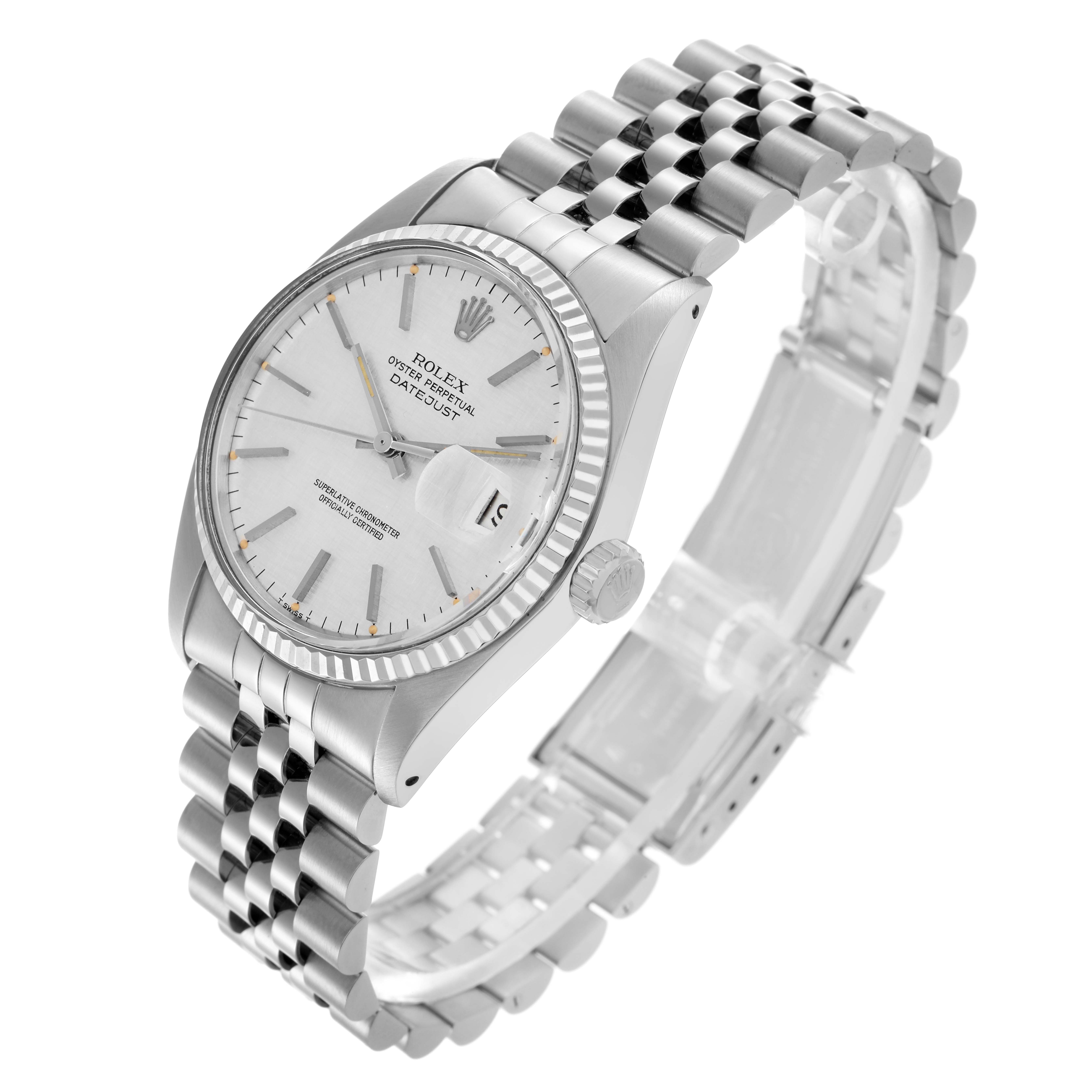 The Rolex Datejust 68084 Men
s Stainless Steel Silver Dial 68084 Men
s Stainless Steel Silver Dial watch is shown at a slight angle, displaying the face, bezel, crown, and Jubilee bracelet.