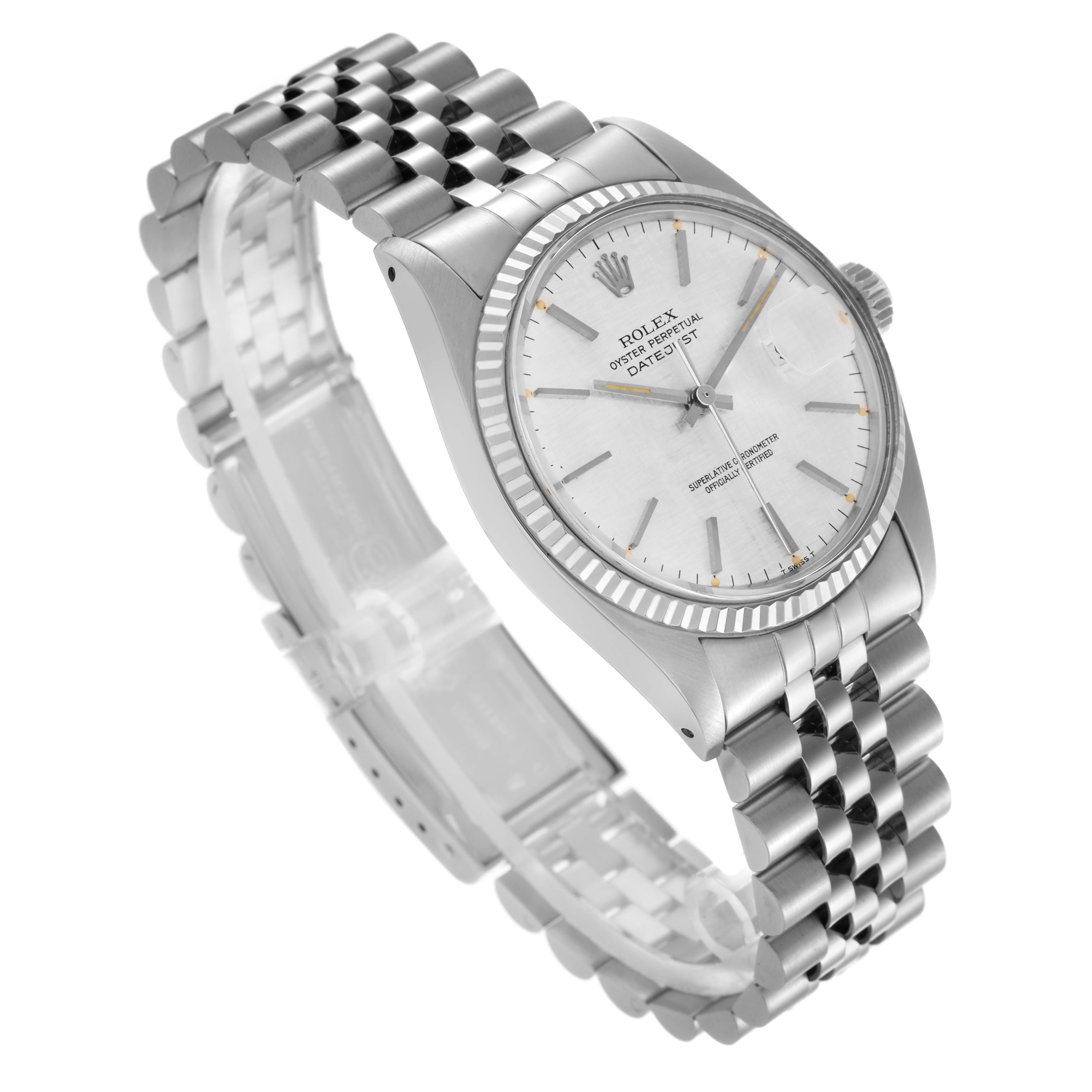 The Rolex Datejust 68084 Men
s Stainless Steel Silver Dial 68084 Men
s Stainless Steel Silver Dial watch is shown from a three-quarter angle highlighting the dial, bezel, and jubilee bracelet.