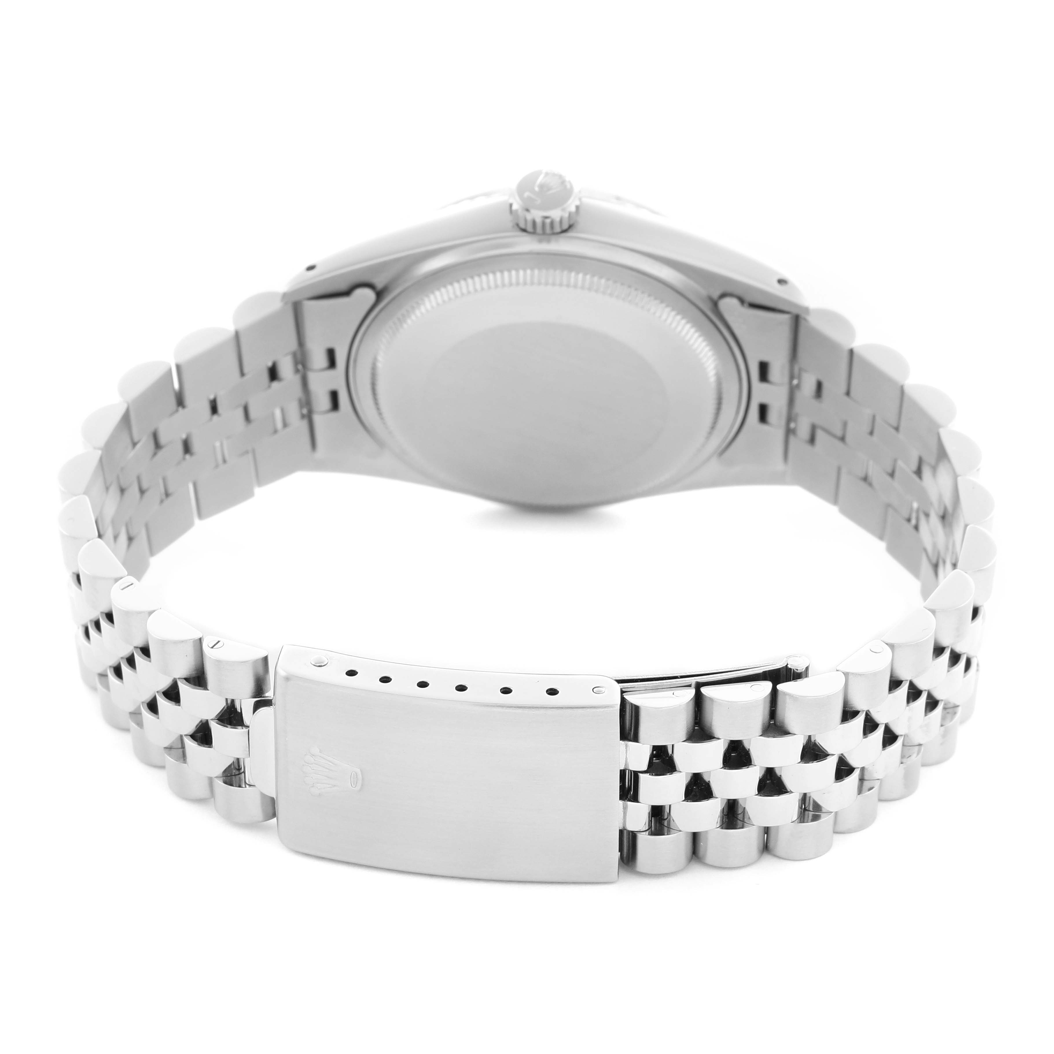The image shows the back view of a Rolex Datejust 68084 Men
s Stainless Steel Silver Dial 68084 Men
s Stainless Steel Silver Dial, highlighting its Jubilee bracelet and clasp.
