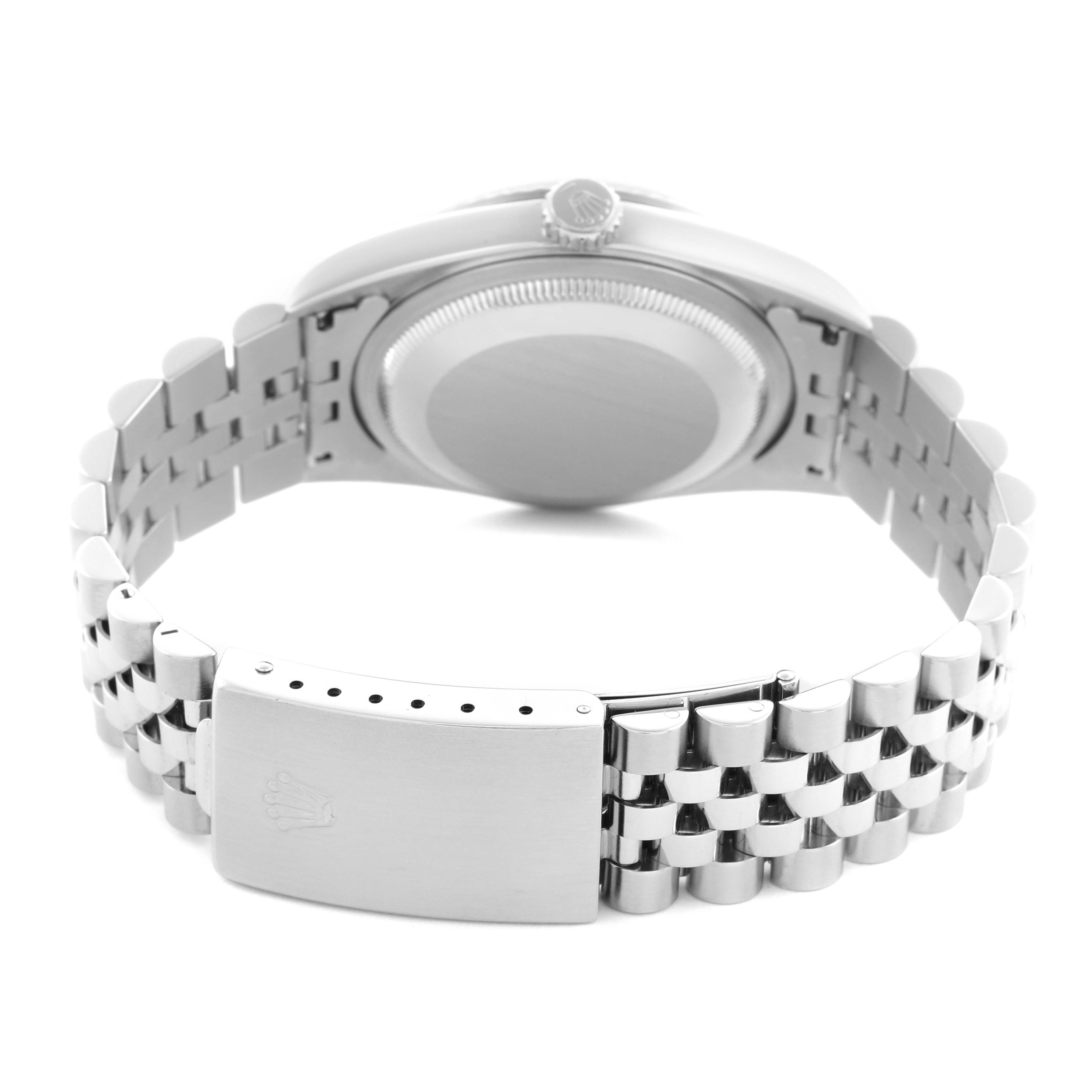 The image shows the back of the Rolex Datejust 16234 Men
s Stainless Steel Silver Dial 16234 Men
s Stainless Steel Silver Dial watch, highlighting the case back, bracelet, and clasp.