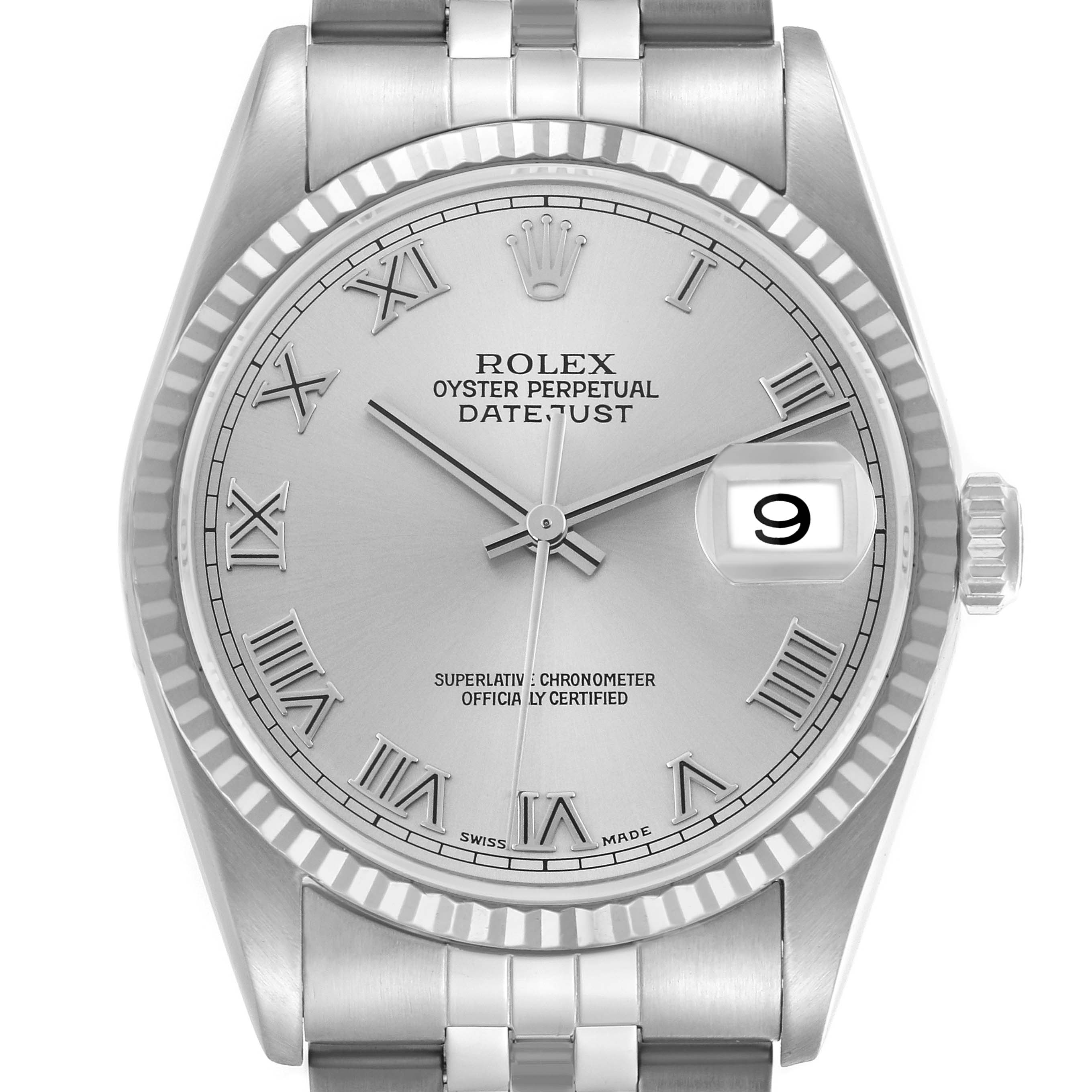 The Rolex Datejust 16234 Men
s Stainless Steel Silver Dial 16234 Men
s Stainless Steel Silver Dial watch is shown from the front, highlighting the face, bezel, crown, and bracelet links.